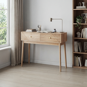 Mid-Century Modern Console Table with Drawers and Open Shelves, Oak Color
