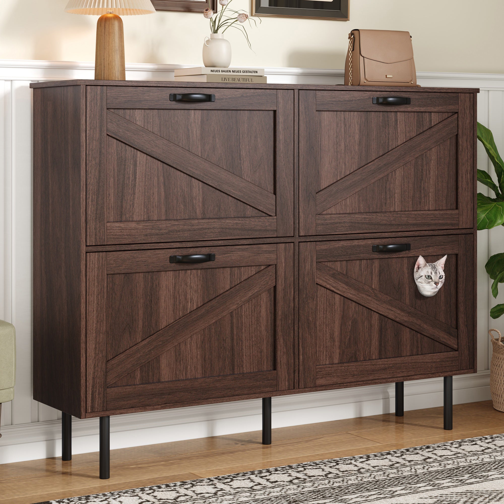 Narrow shoe cabinet with 3 flaps and pet toy storage, for hallway use