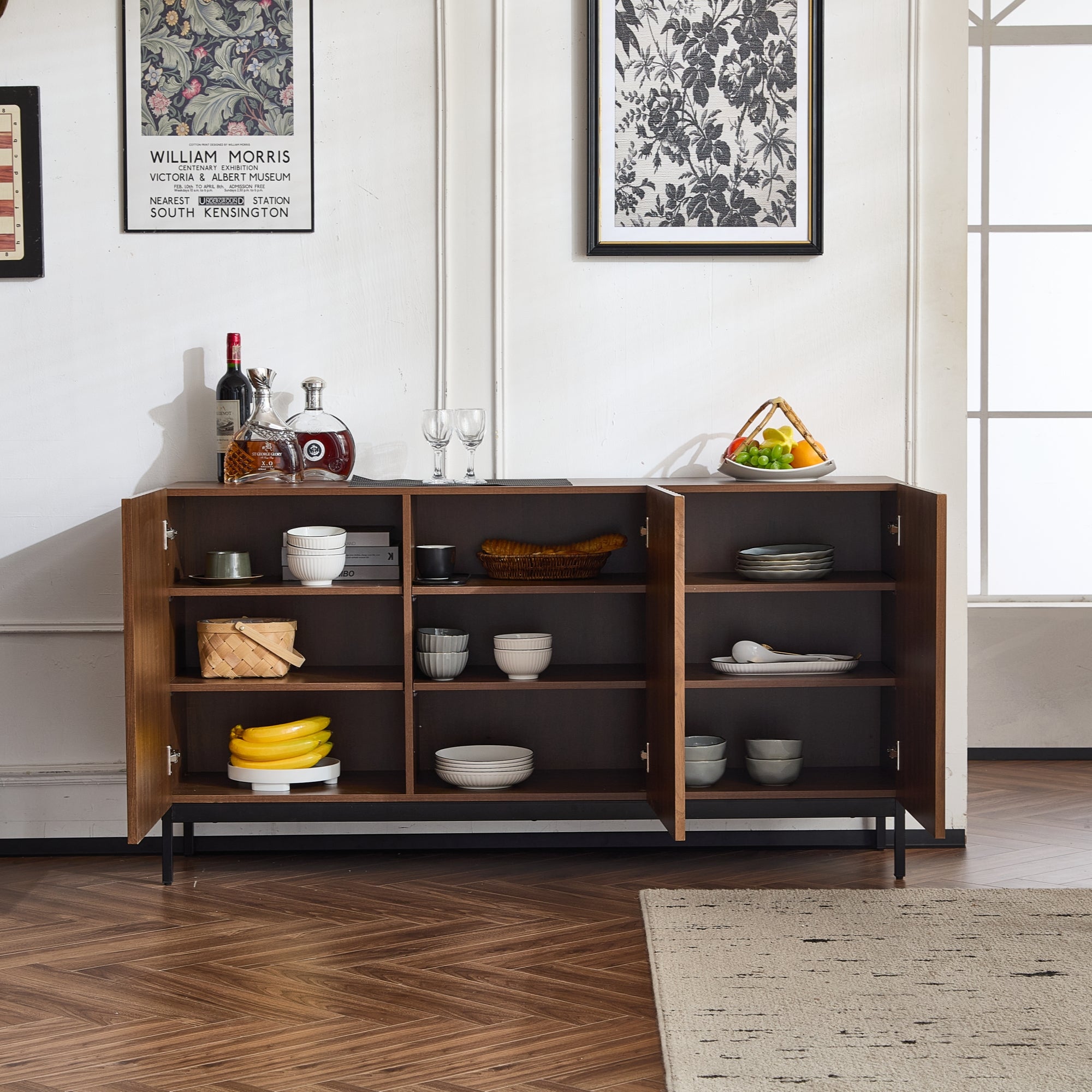 Sideboard Mid-Century Modern 3-Door 150cm with Wavy 3D Design Dark Grained Oak