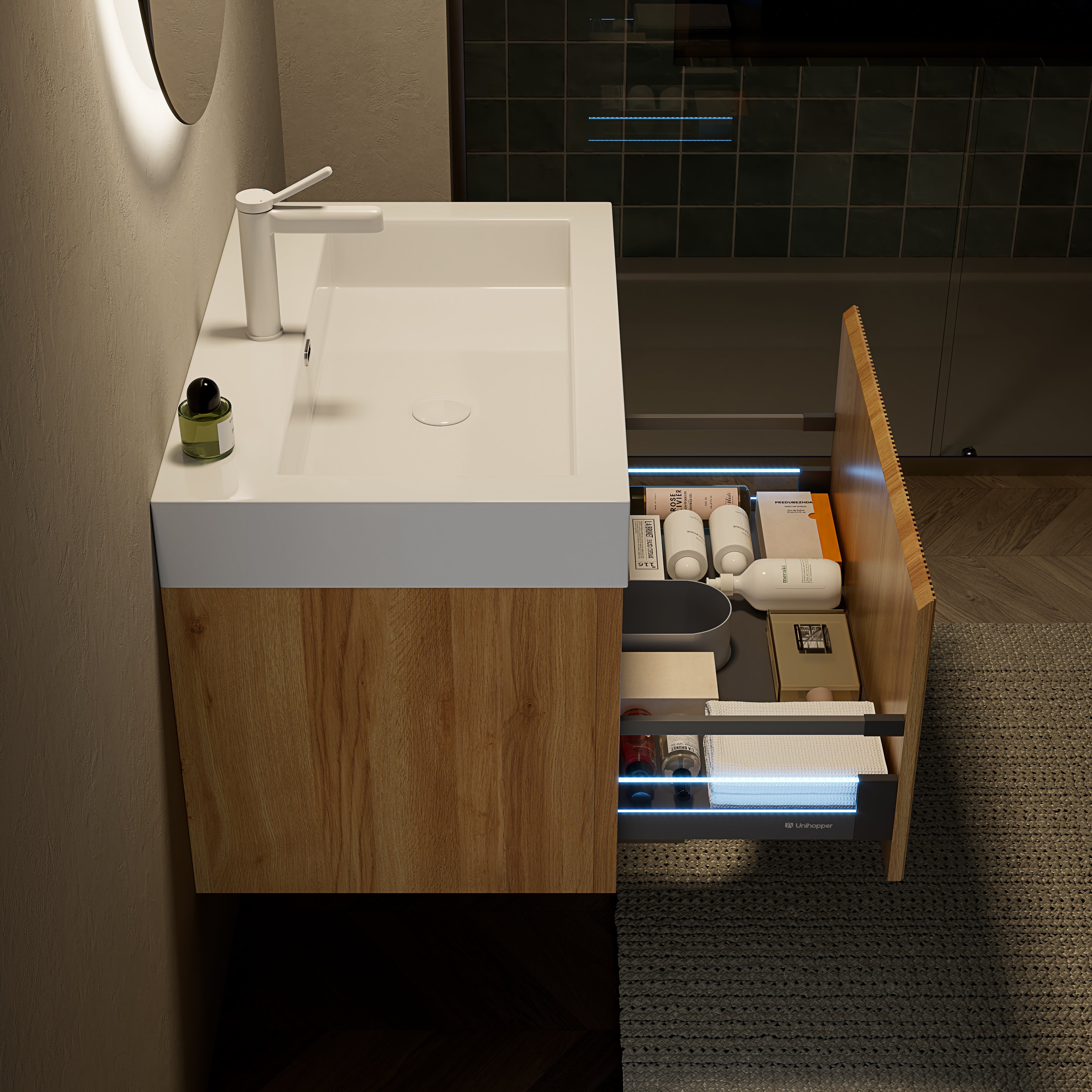 Wall-Mounted Bathroom Vanity Unit with Resin Basin and Drawer, Natural Wood Grain