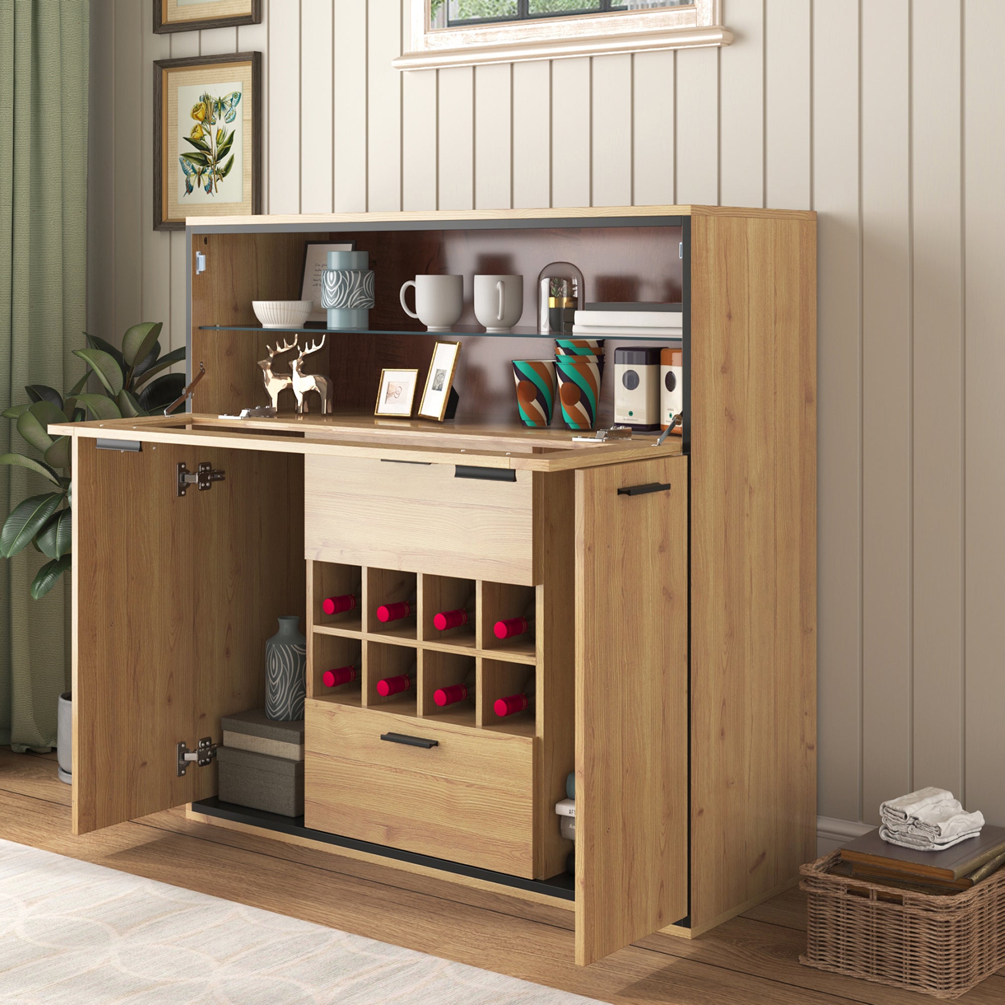 Sideboard, Elegant Wine Cabinet with Double Doors, Glass Shelf & Wine Holder