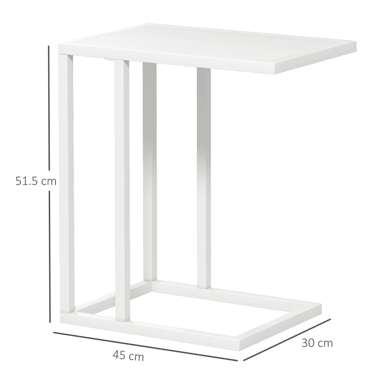 C Shape Bedside Table, Narrow Snack End Table, Metal Frame Wood-Effect Top, White
