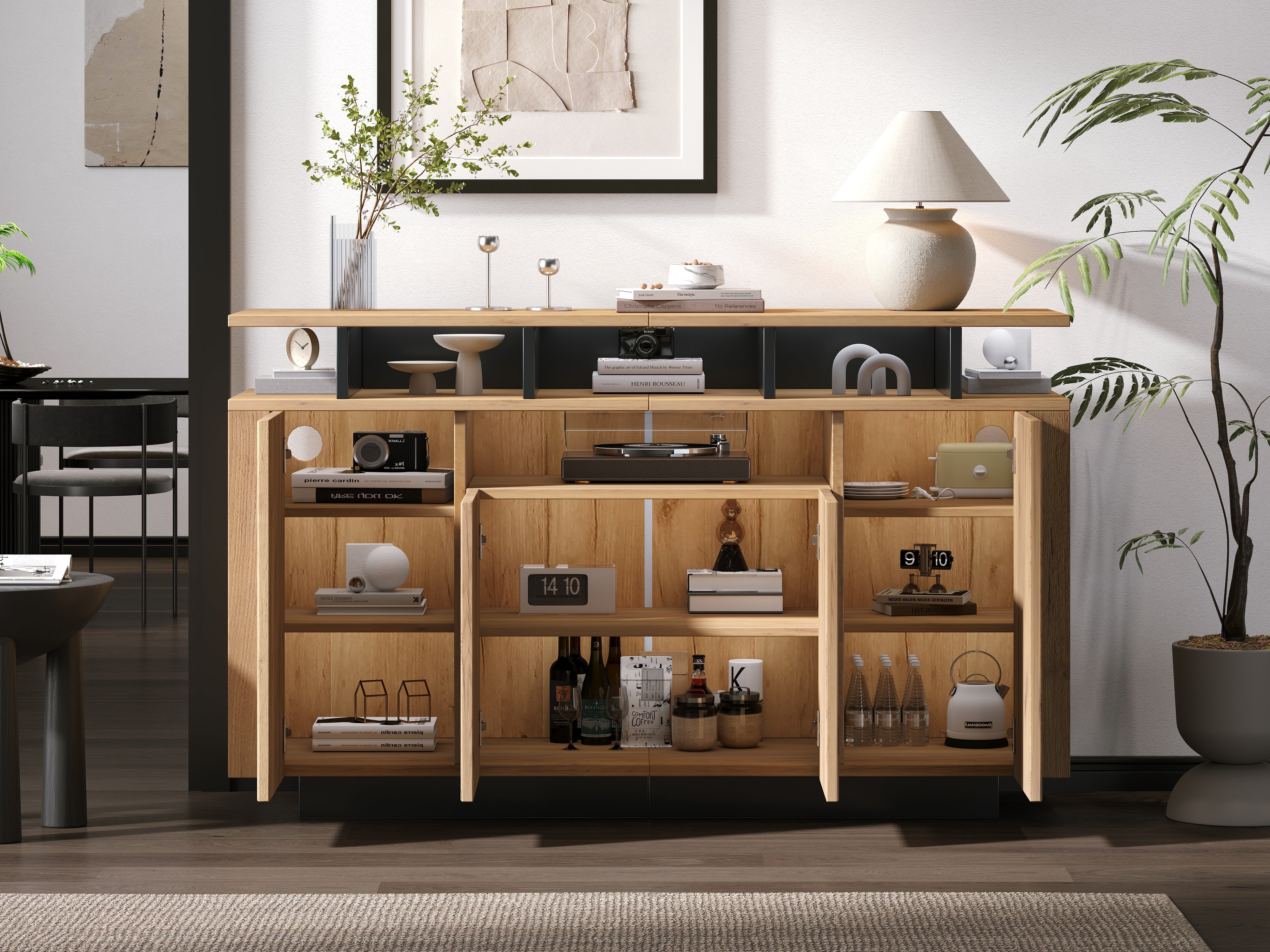 Sideboard Chest of Drawers with 4 Doors and 3 Open Compartments, Natural