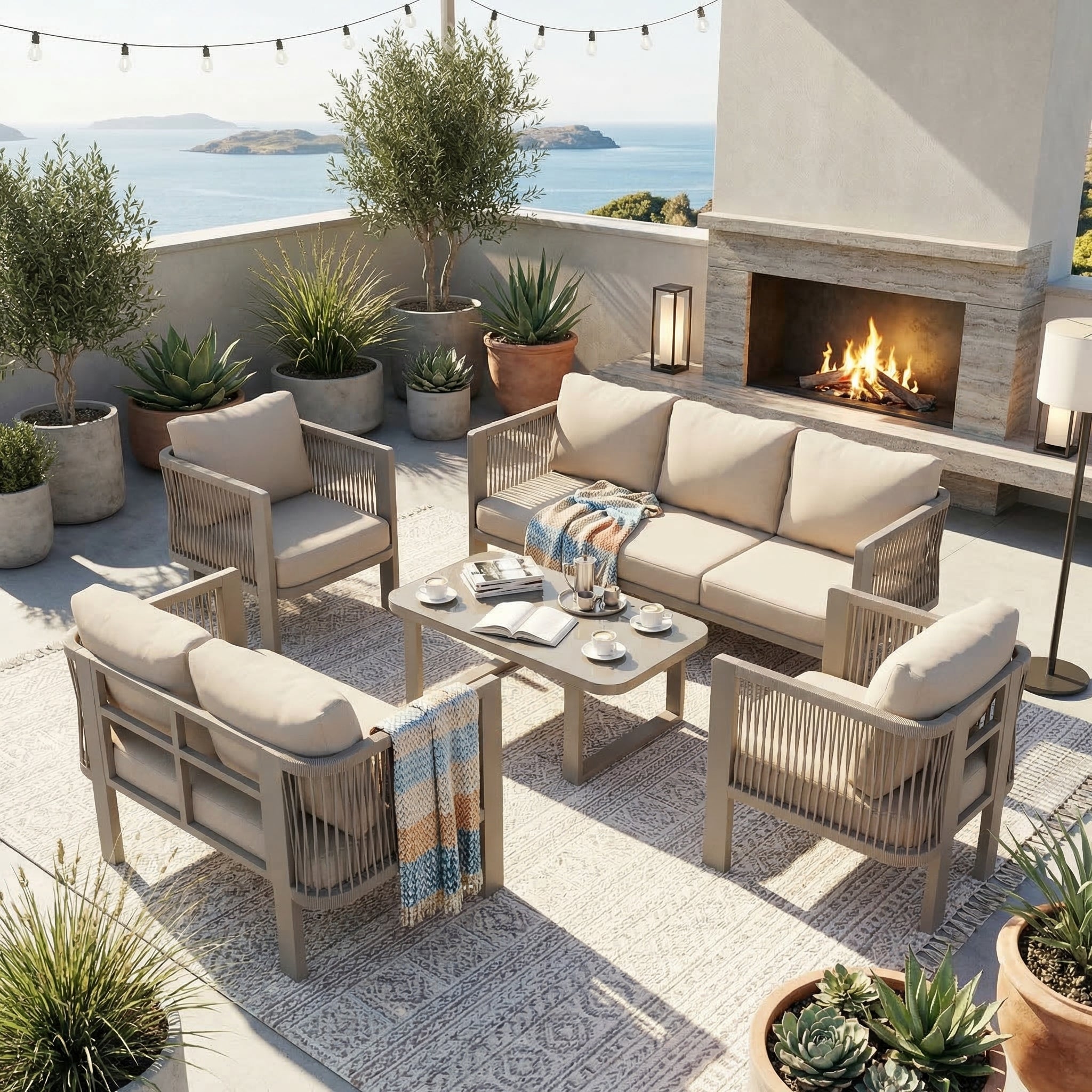 5-Piece Garden Furniture Set with Glass Tabletop and Teslin Rope Weave, Khaki