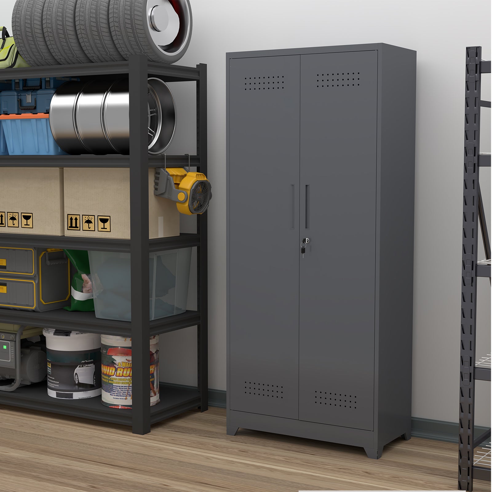 Broom Storage Cabinet with Locking Doors, Shelves and Hanging Rod, 65" H, Metal