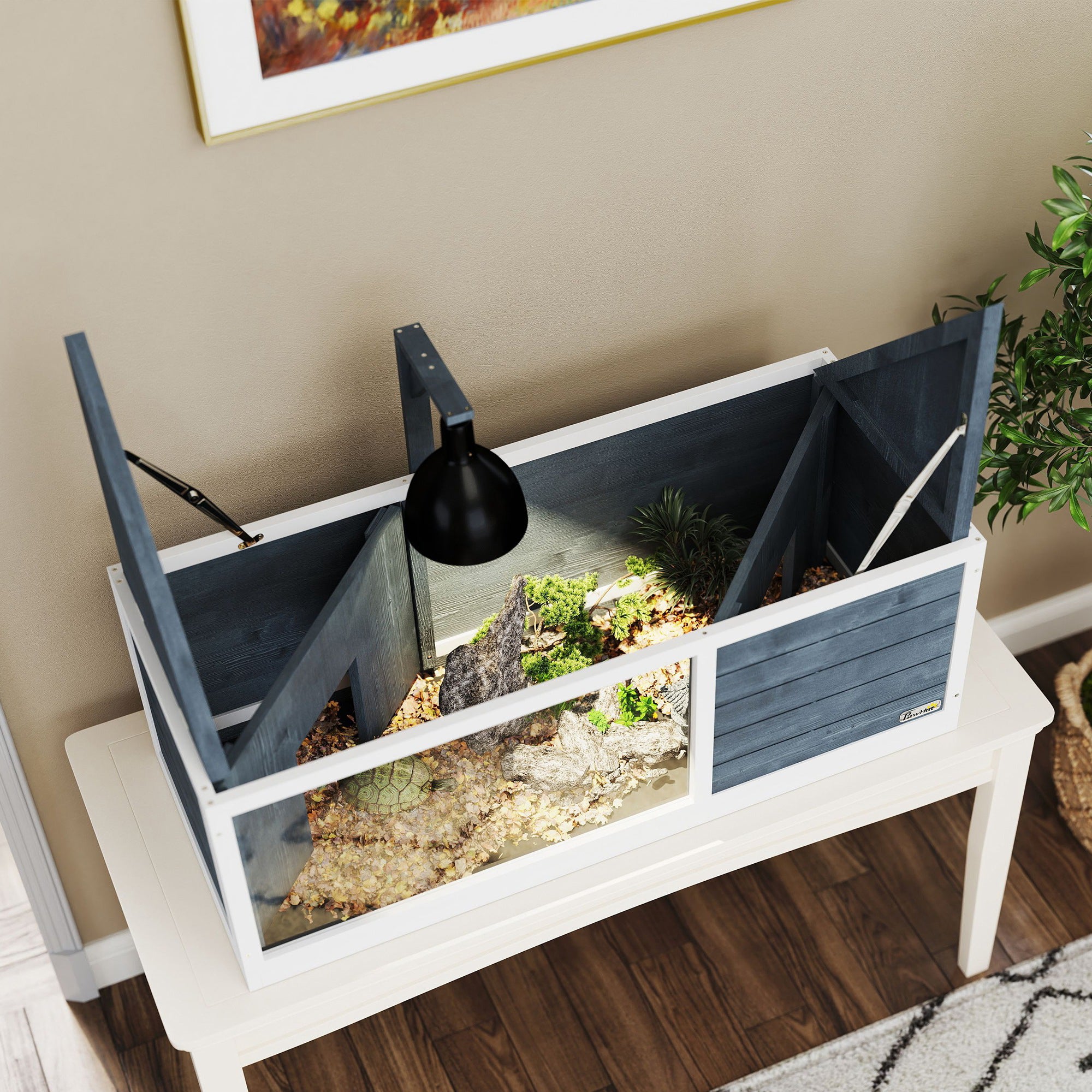 Wooden Turtle House, 2 Main Houses Hinged Top Light Stand Transparent Front Panel, Grey