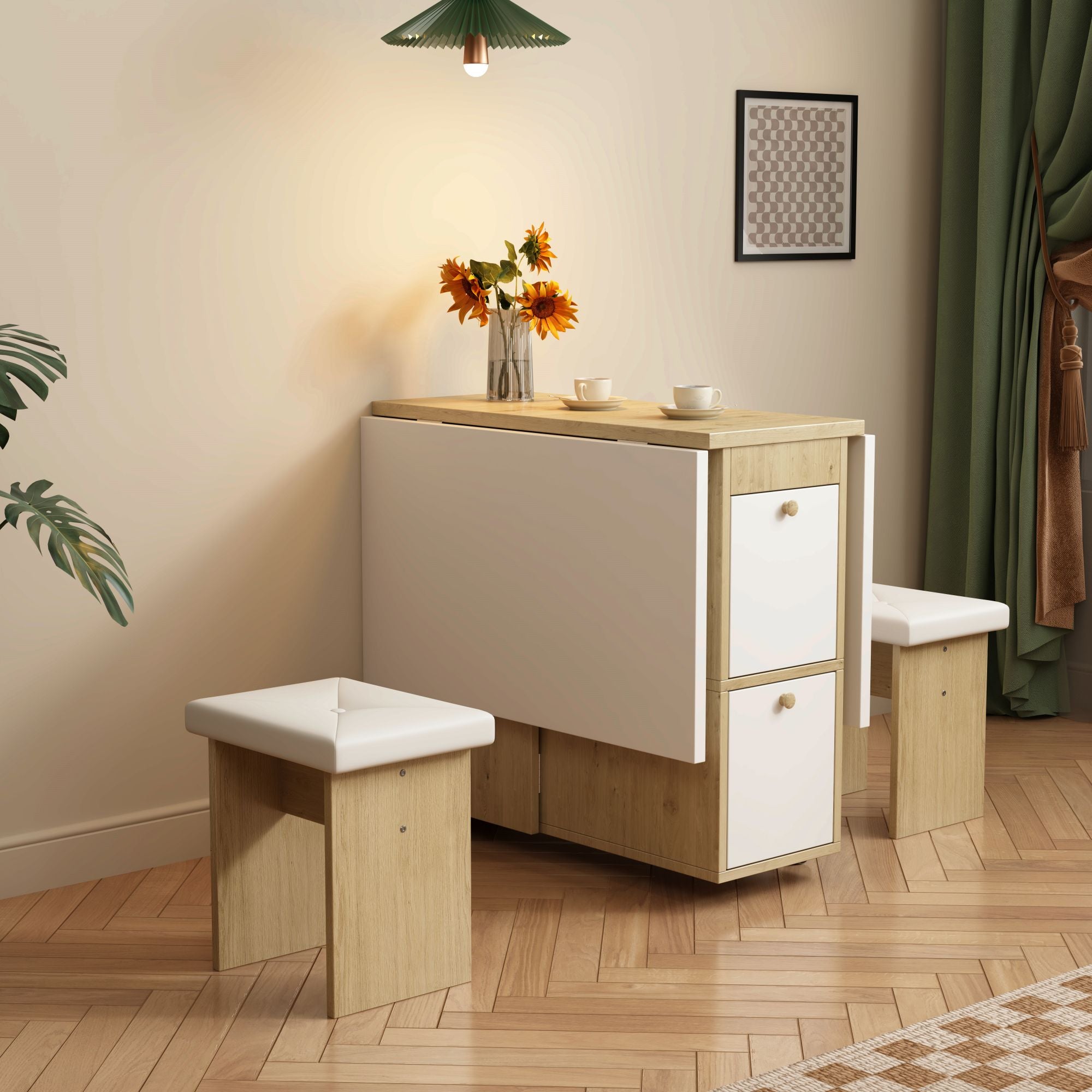 Dining Table Set, Folding & Extendable with 4 Chairs, 120x80x75cm, White + Oak