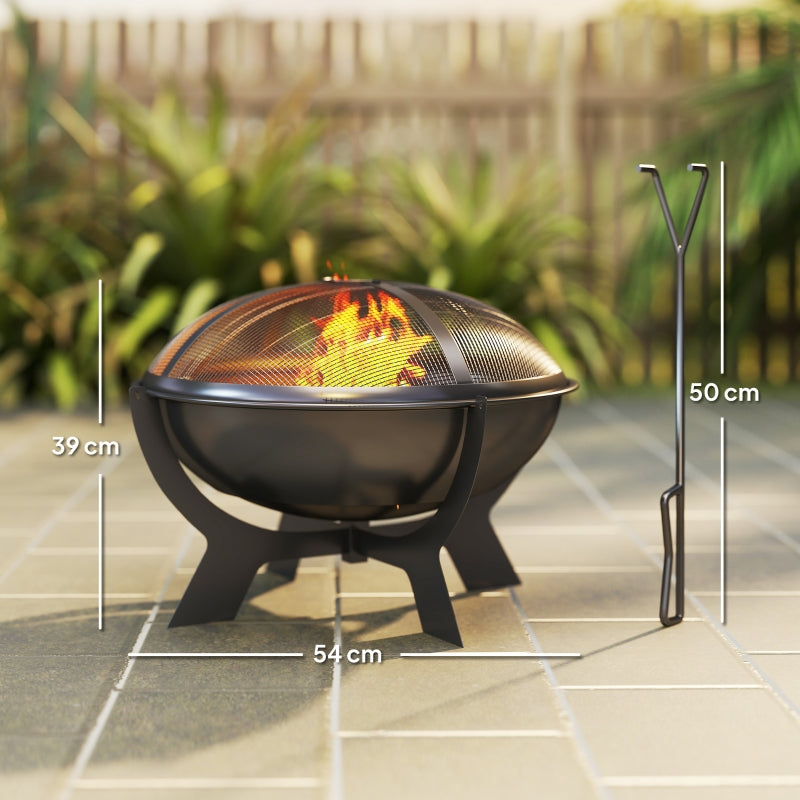 Fire Bowl 54x39cm Round Fire Pit with Spark Guard, Metal Black