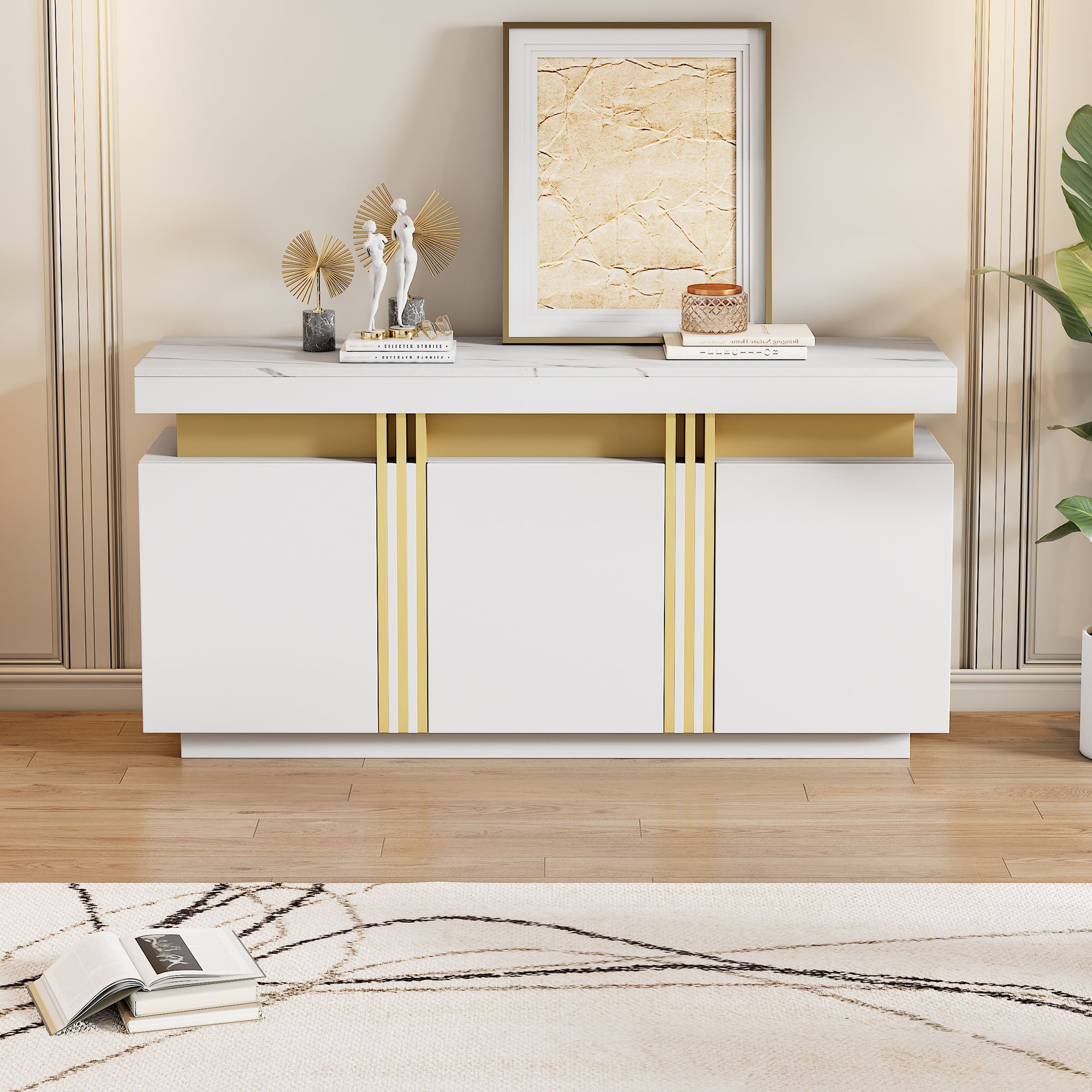 Sideboard Display, 3-Door Dining Room Cabinet with Adjustable Dividers, Modern White