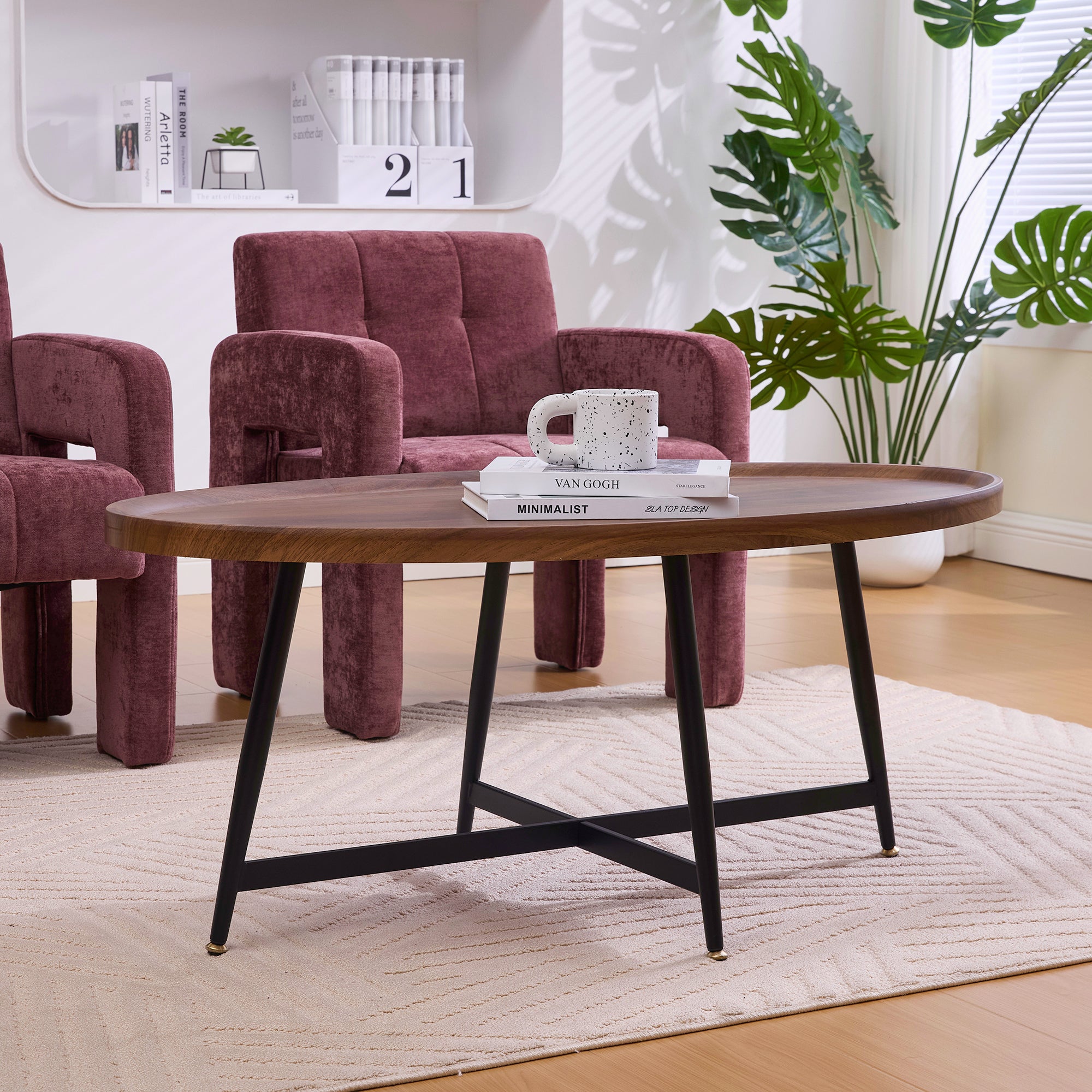 Oval Coffee Table Modern Minimalist Wood Metal Frame