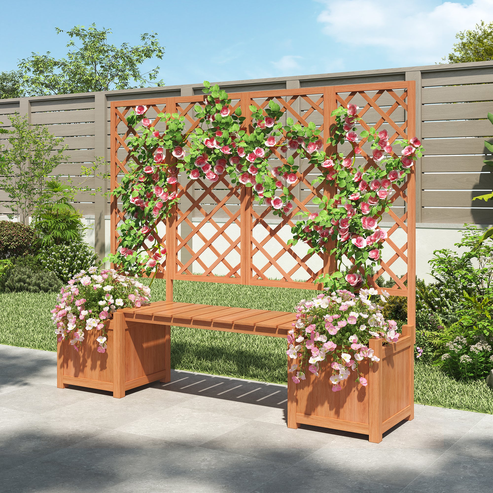 Planter Box with Trellis, Seat & Storage - Brown Solid Fir Wood