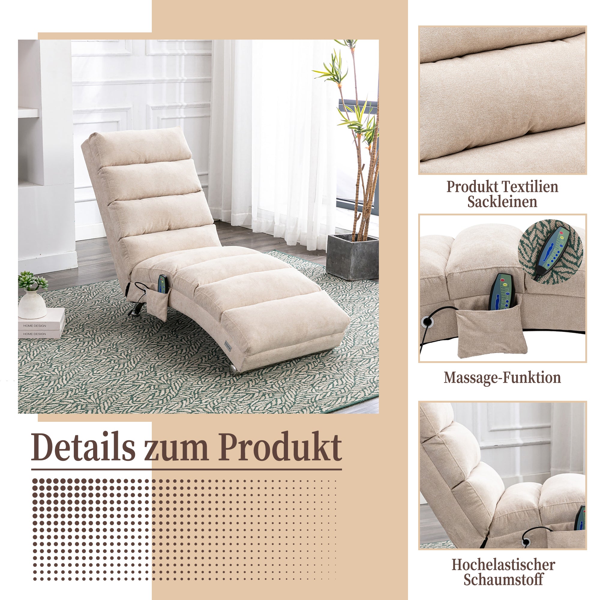 Relaxation Lounger, Fixed Reclining Sofa with Vibration and Side Pockets, Modern Furniture