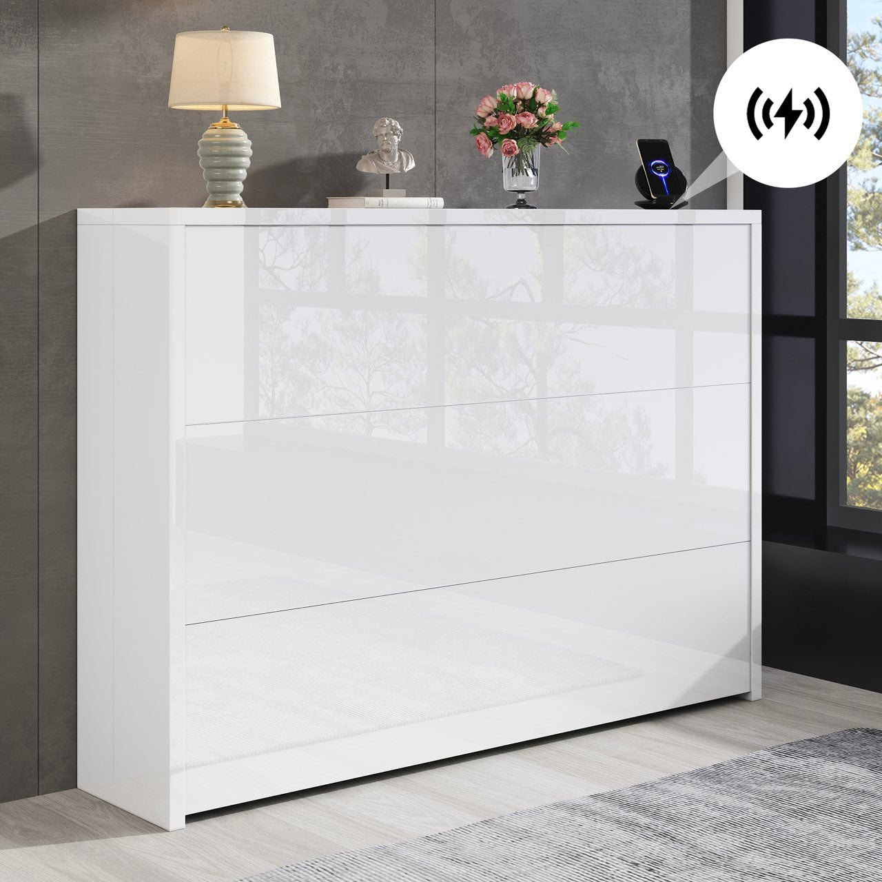 Foldable Desk, 2-in-1 Sideboard & Workstation with Wireless Charger & Wheels, White High Gloss