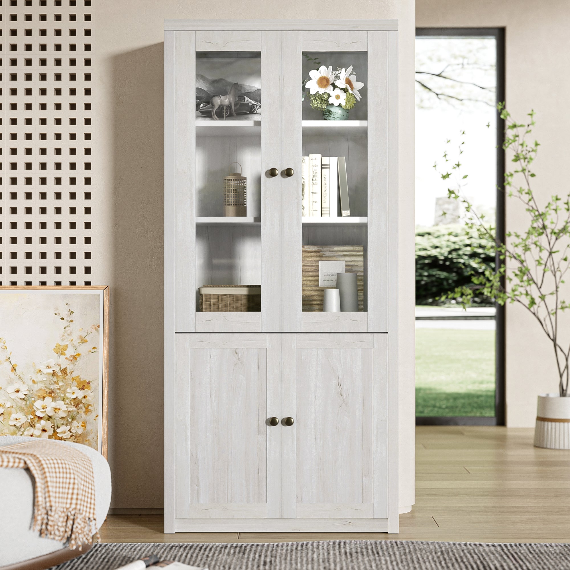 Tall Cabinet, Glass & Wood Doors, Copper Handles, Wood Look