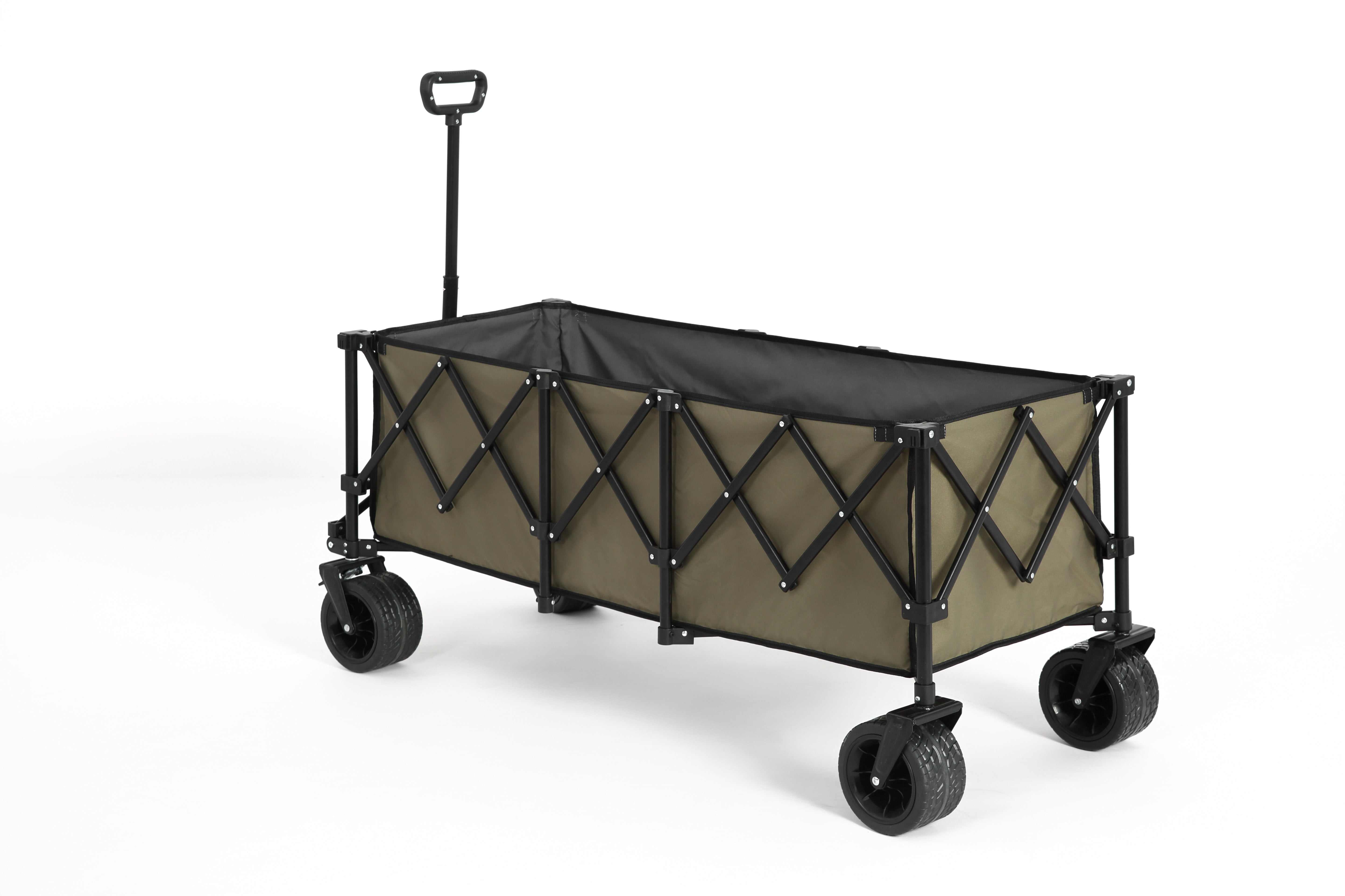 Foldable Extended Wagon, 220lbs Capacity 300L Garden Cart Beach Wheels Drink Holders, Army Green