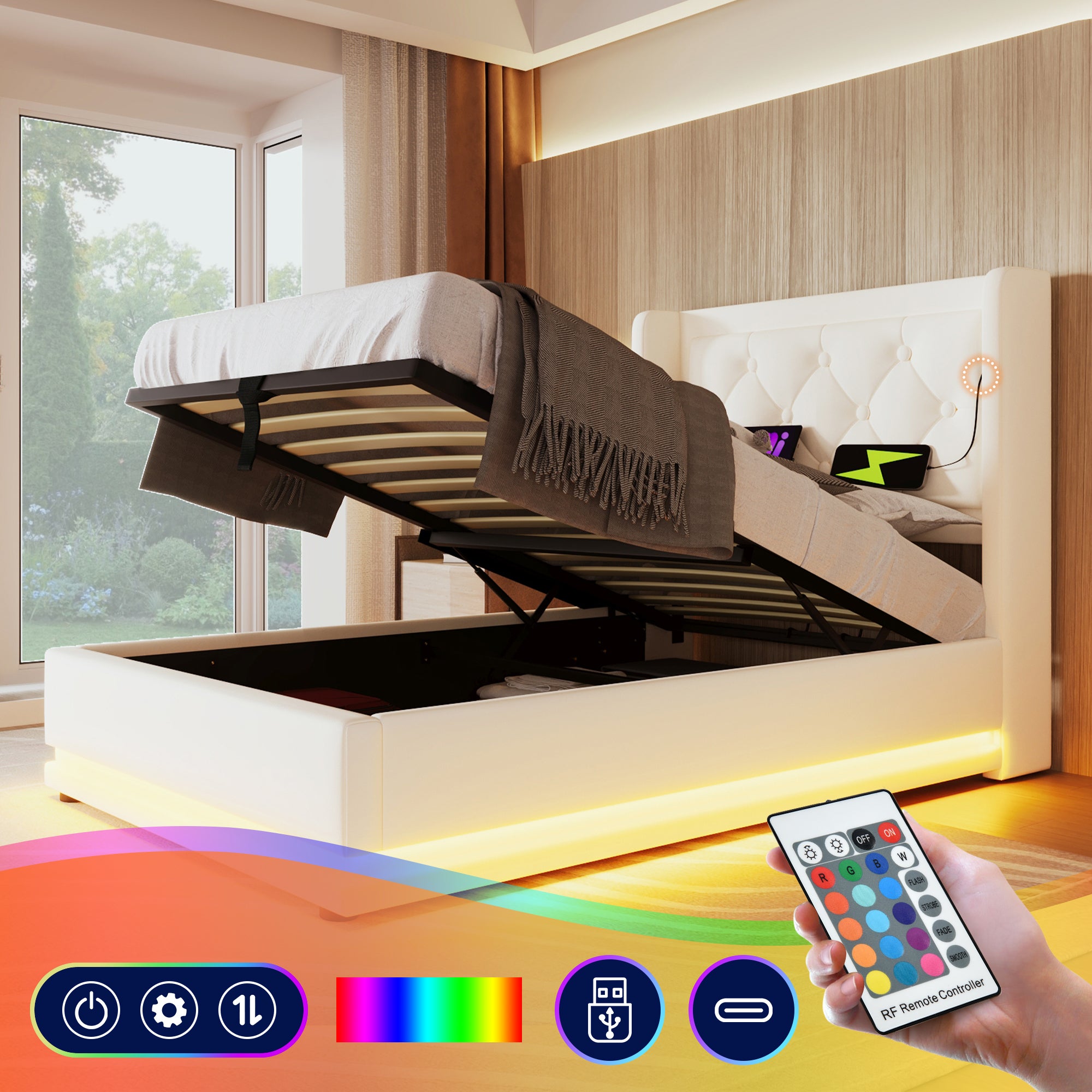 Upholstered Single Bed, Hydraulic Storage with USB & LED, White PU