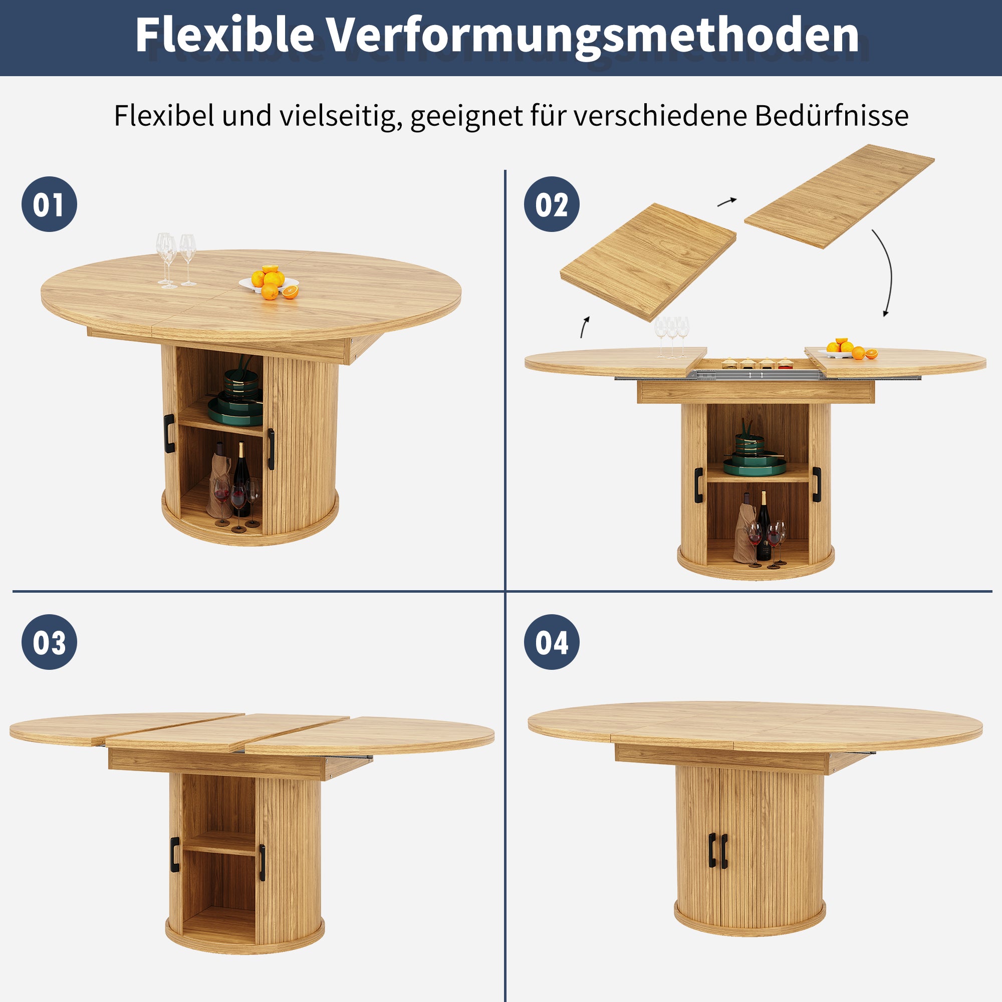 Extendable Round Dining Table, Oval Extension for 6 People, Wood Color
