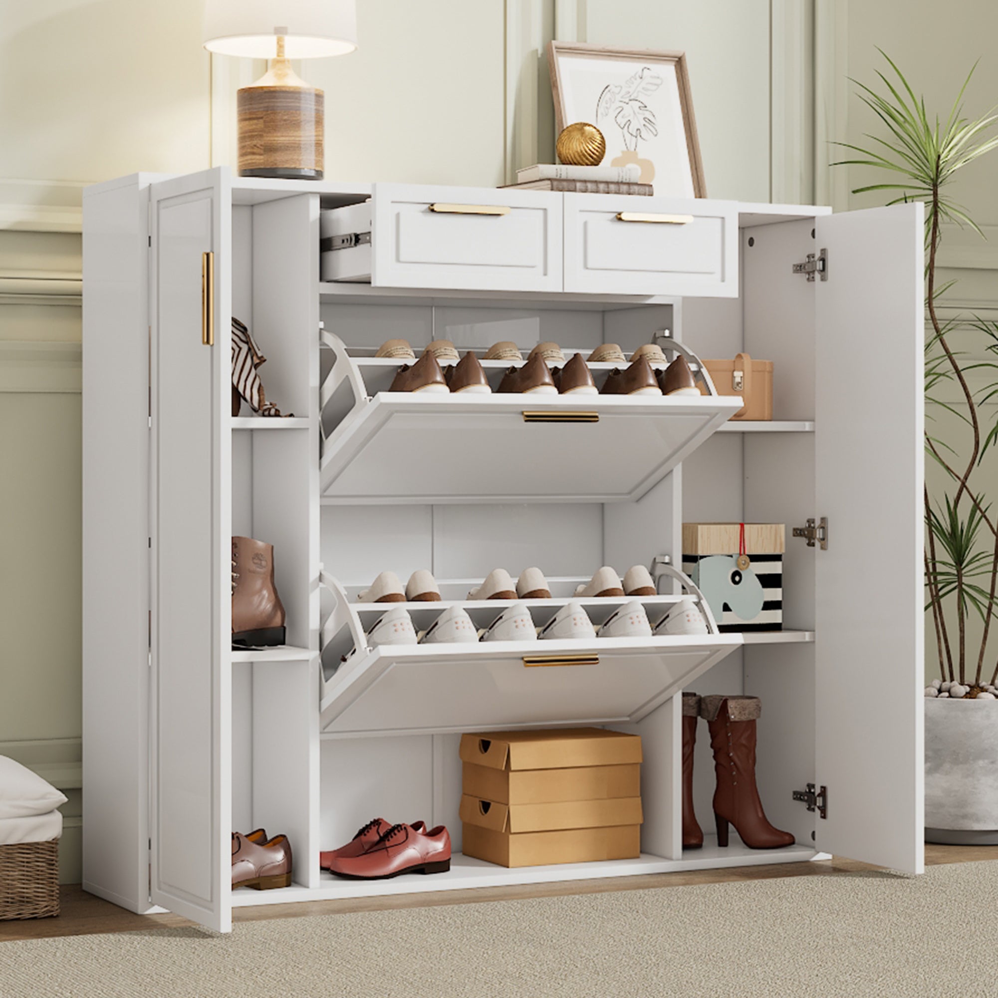 Modern shoe cabinet with adjustable shelves, 2 drawers, folding and 2 doors, white