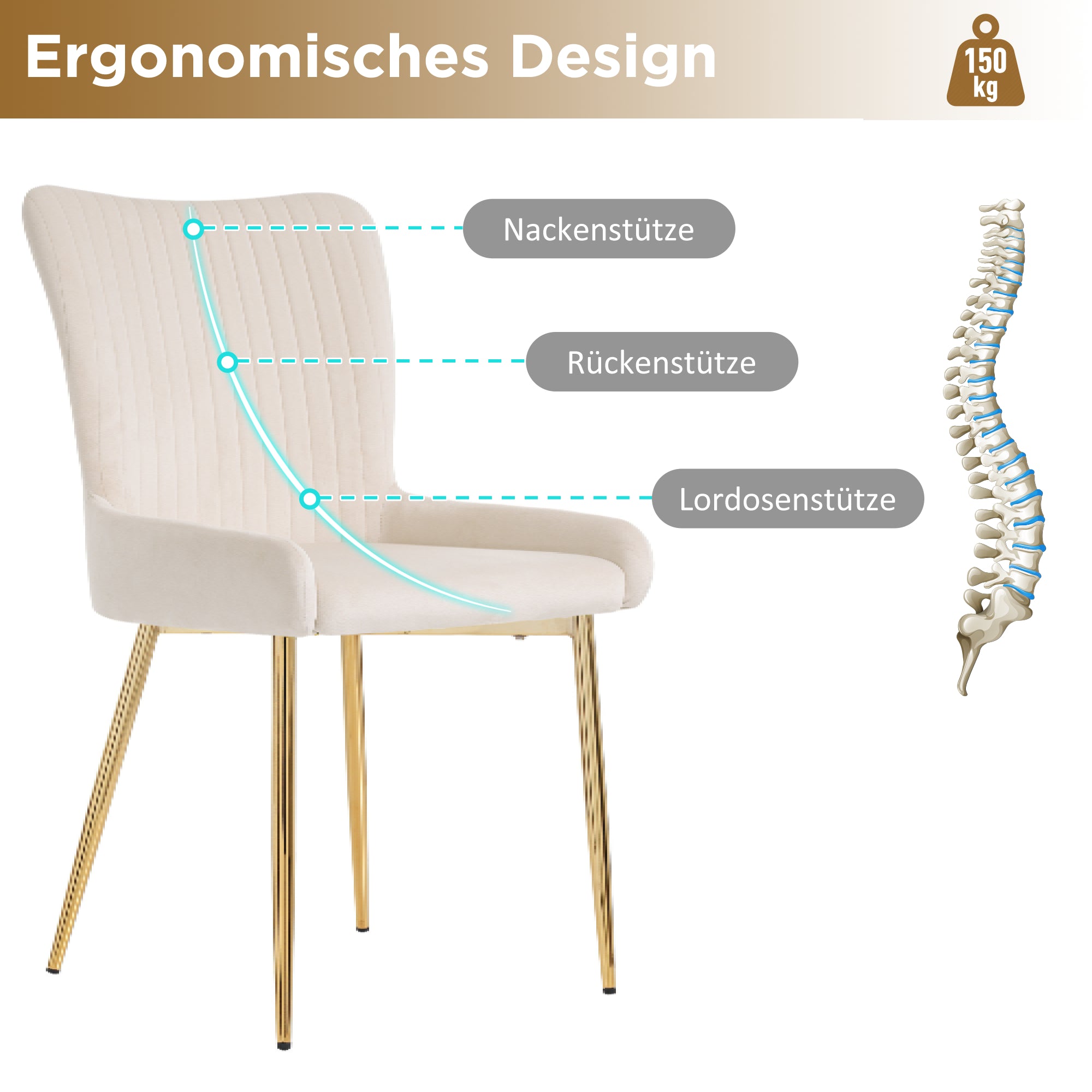 Velvet Dining Chair, Set of 4 with Gold Metal Legs and Lumbar Support, Beige