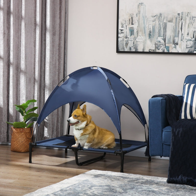 Dog Bed with Canopy, Foldable Elevated, Blue + Black