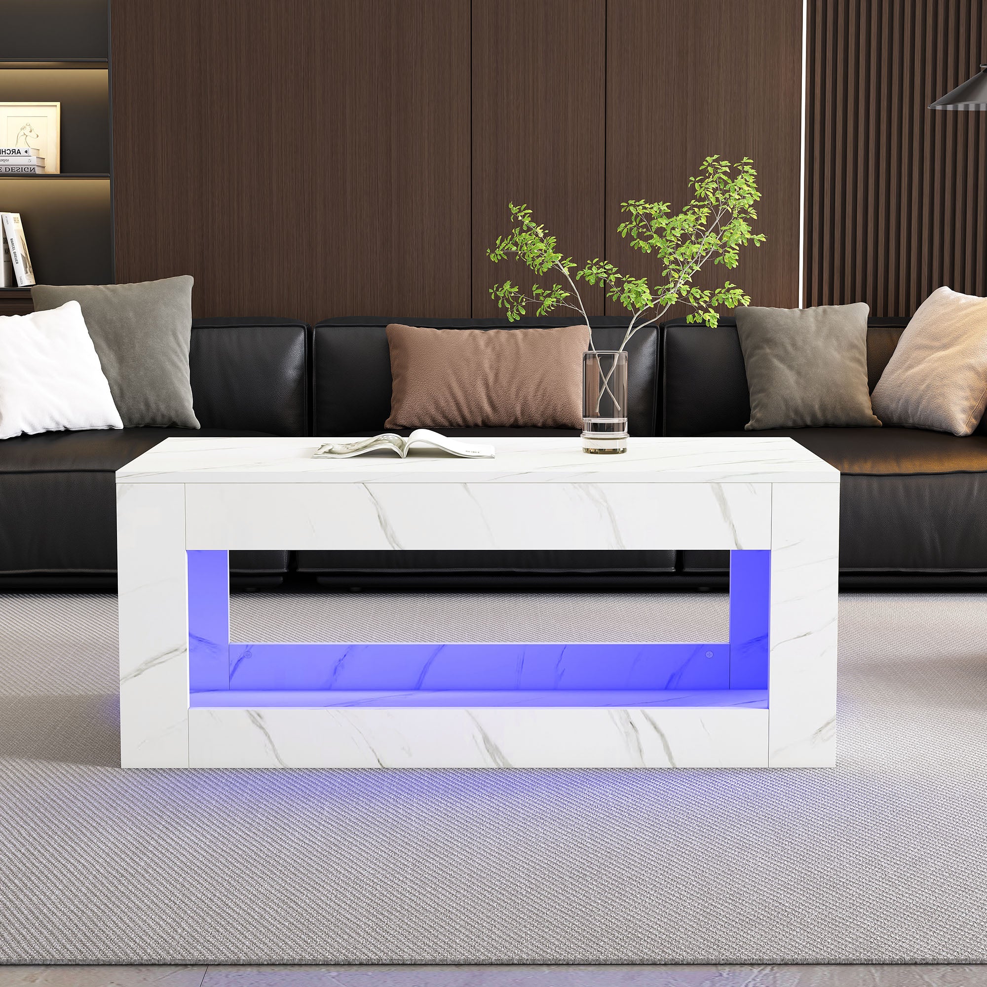 LED Coffee Table High-Gloss Remote Control Marble Print - White