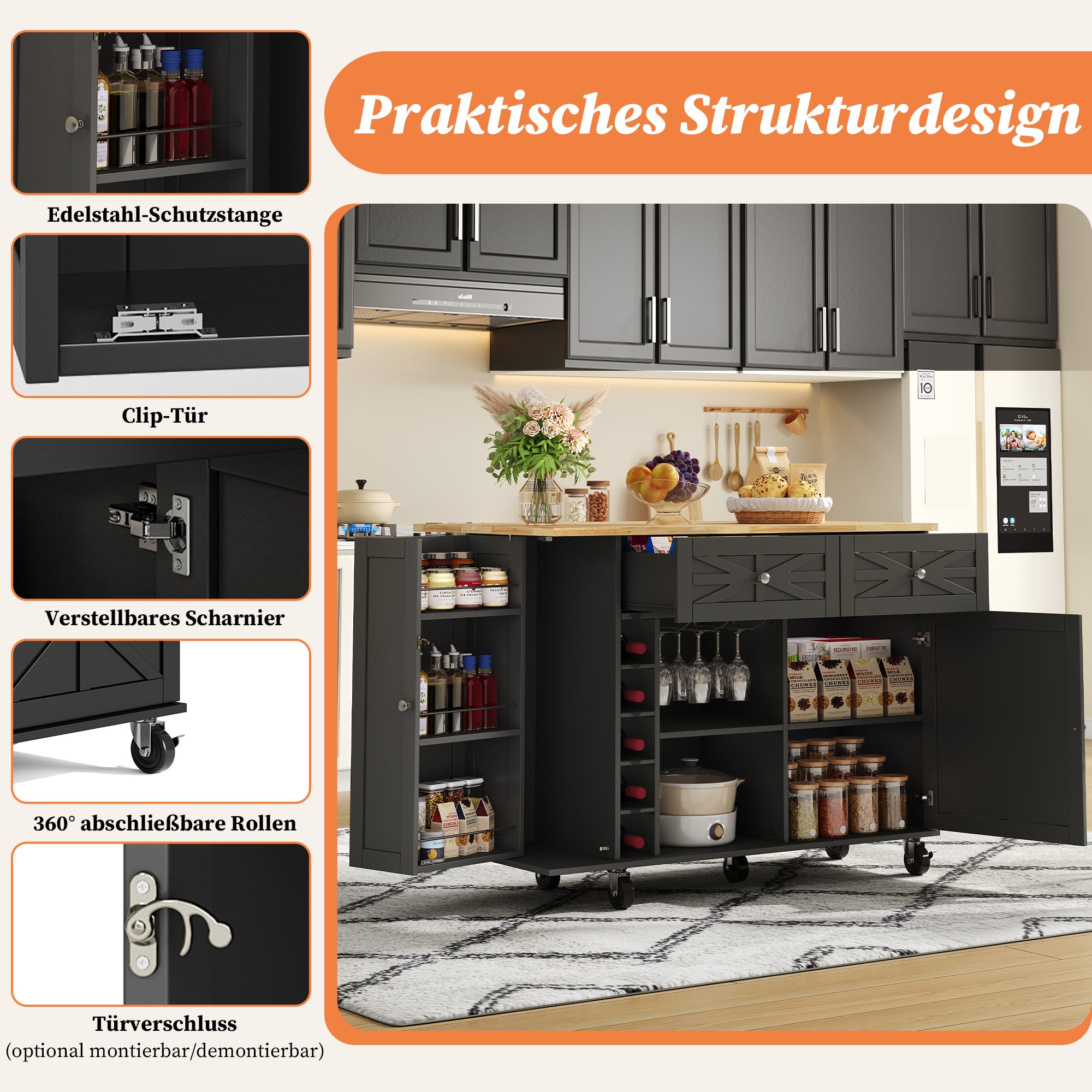 Kitchen Island Mobile Folding Worktop Wine Rack Storage - Black