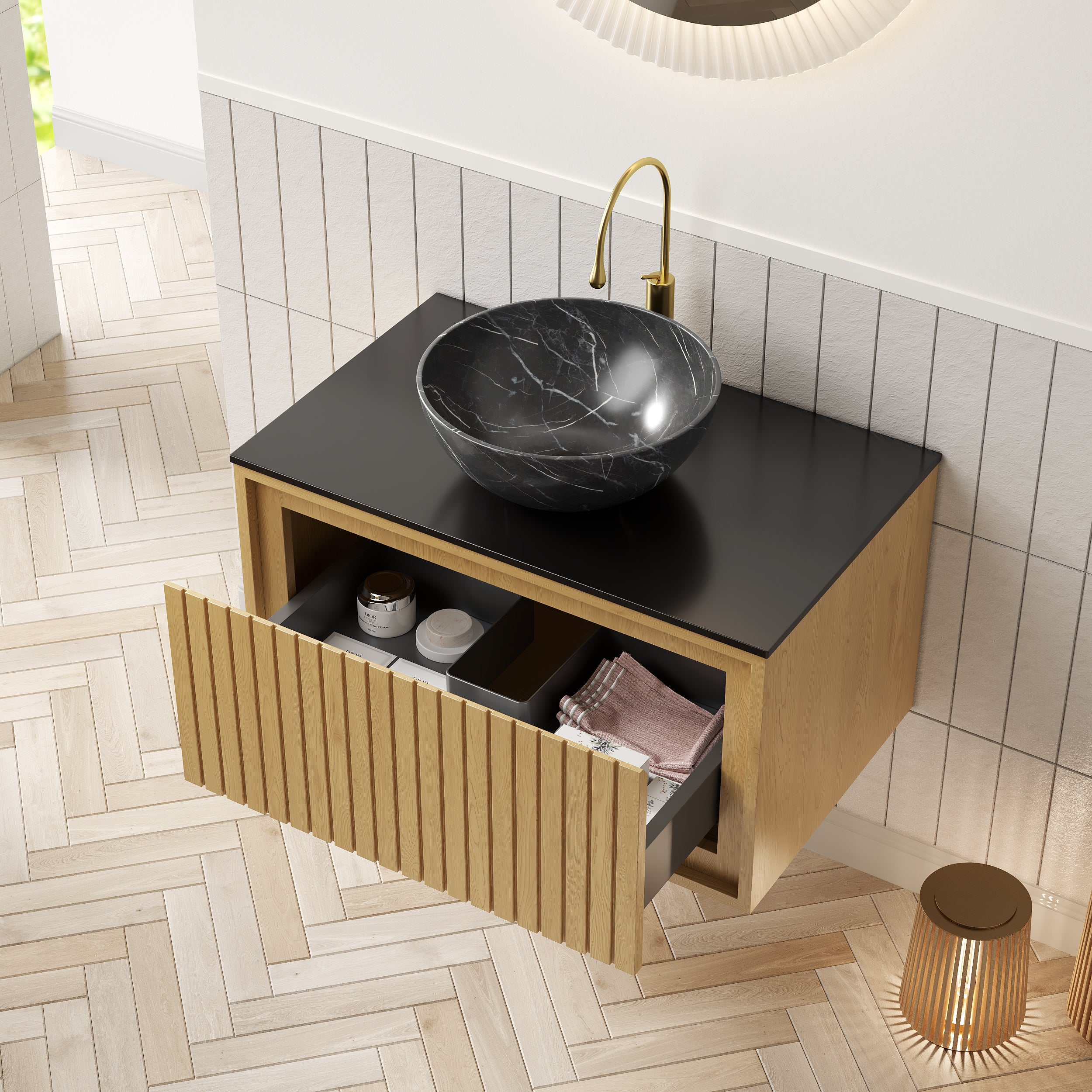 KOLAS Wall-Mounted Sink & Cabinet with Drawer, 61cm - Black Ceramic & Oak Wood Grain