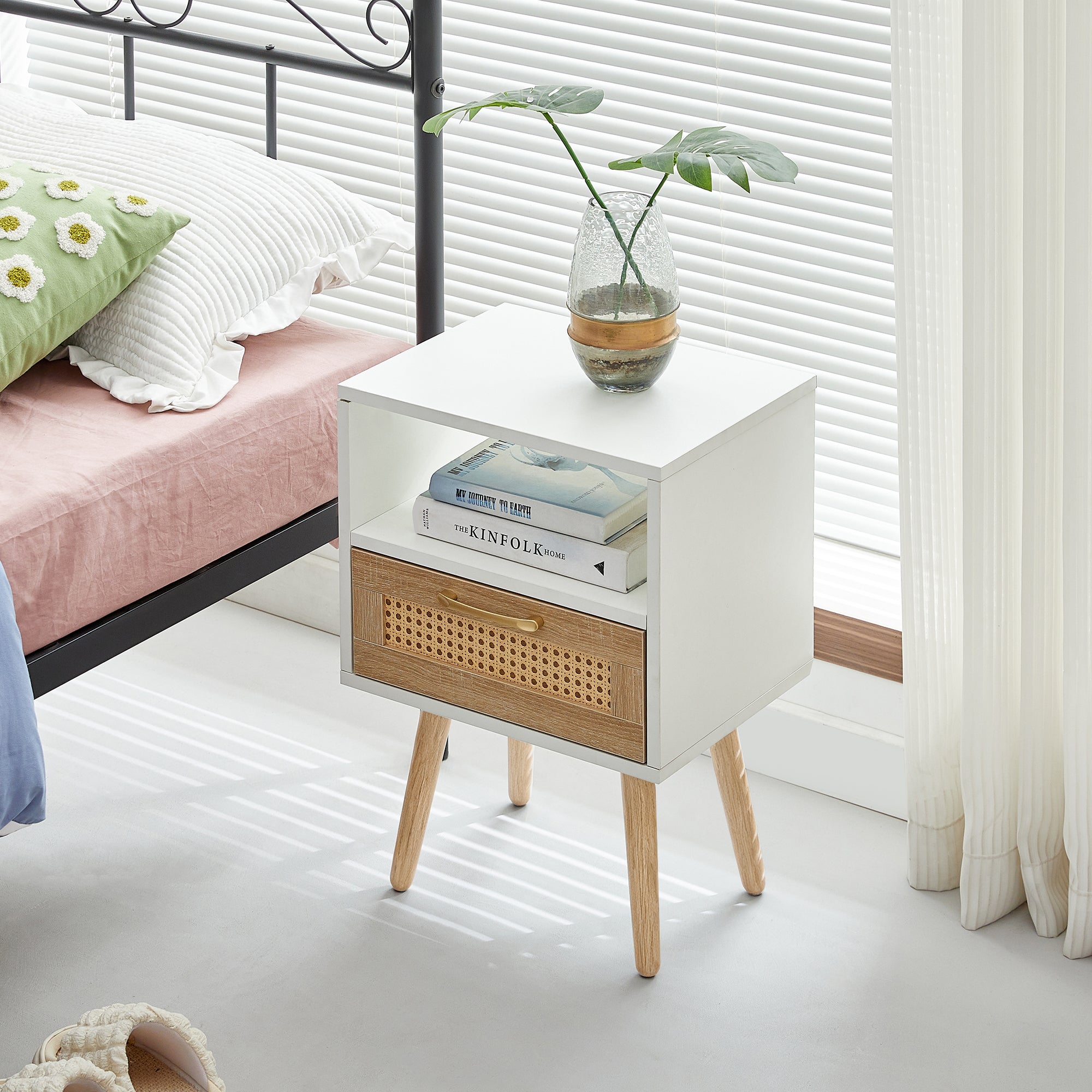 Rattan Side Table with Drawer and Solid Wood Legs, White