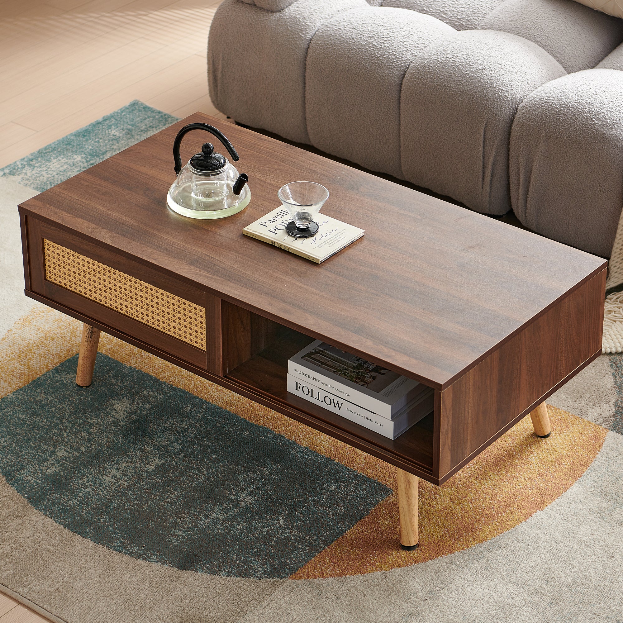 Wicker Coffee Table Sliding Doors Solid Wood Legs Dark Walnut Wood