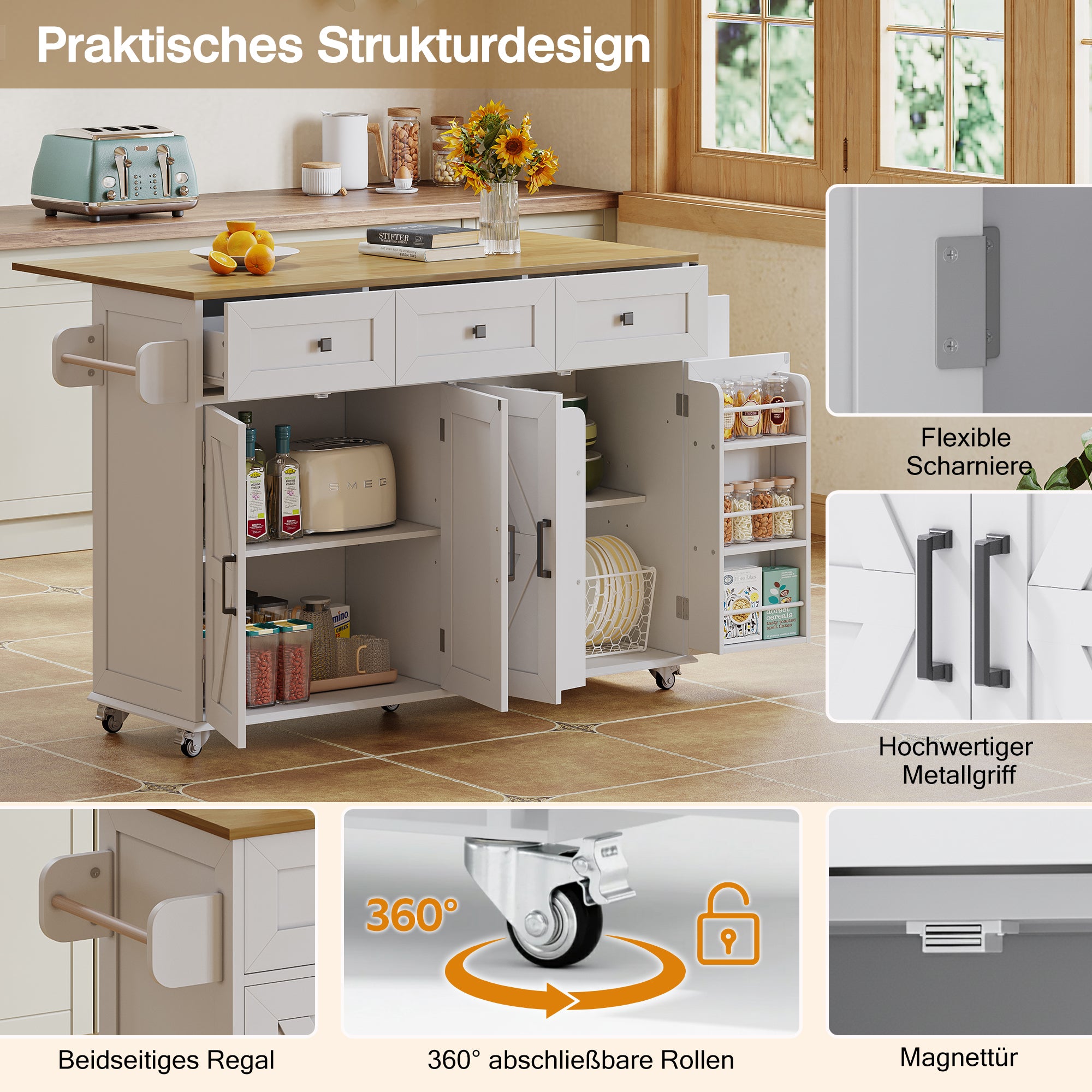 Kitchen Island Fold-Down Worktop 4 Doors 3 Drawers Barn Style with Casters - White