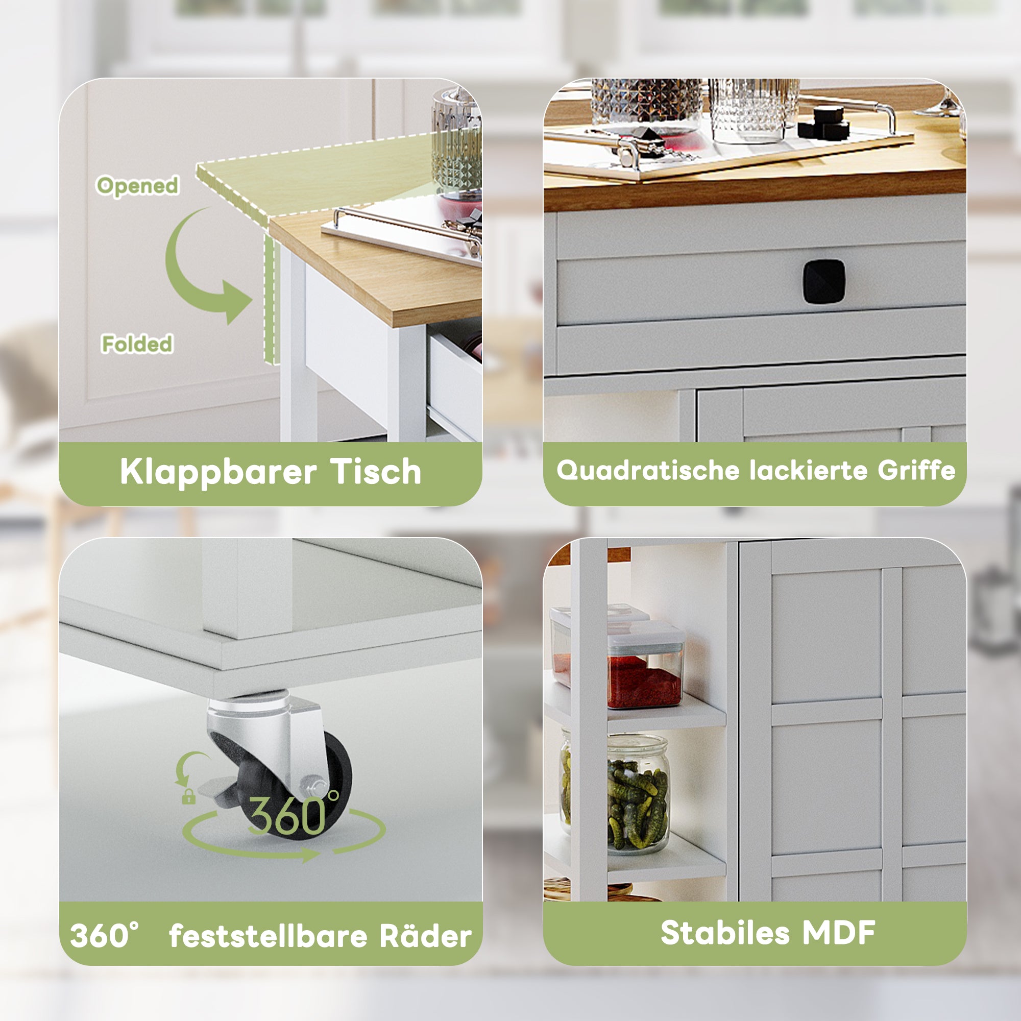 Multifunctional Kitchen Trolley, Fold-Down Worktop, 2 Drawers, On Wheels, Wood