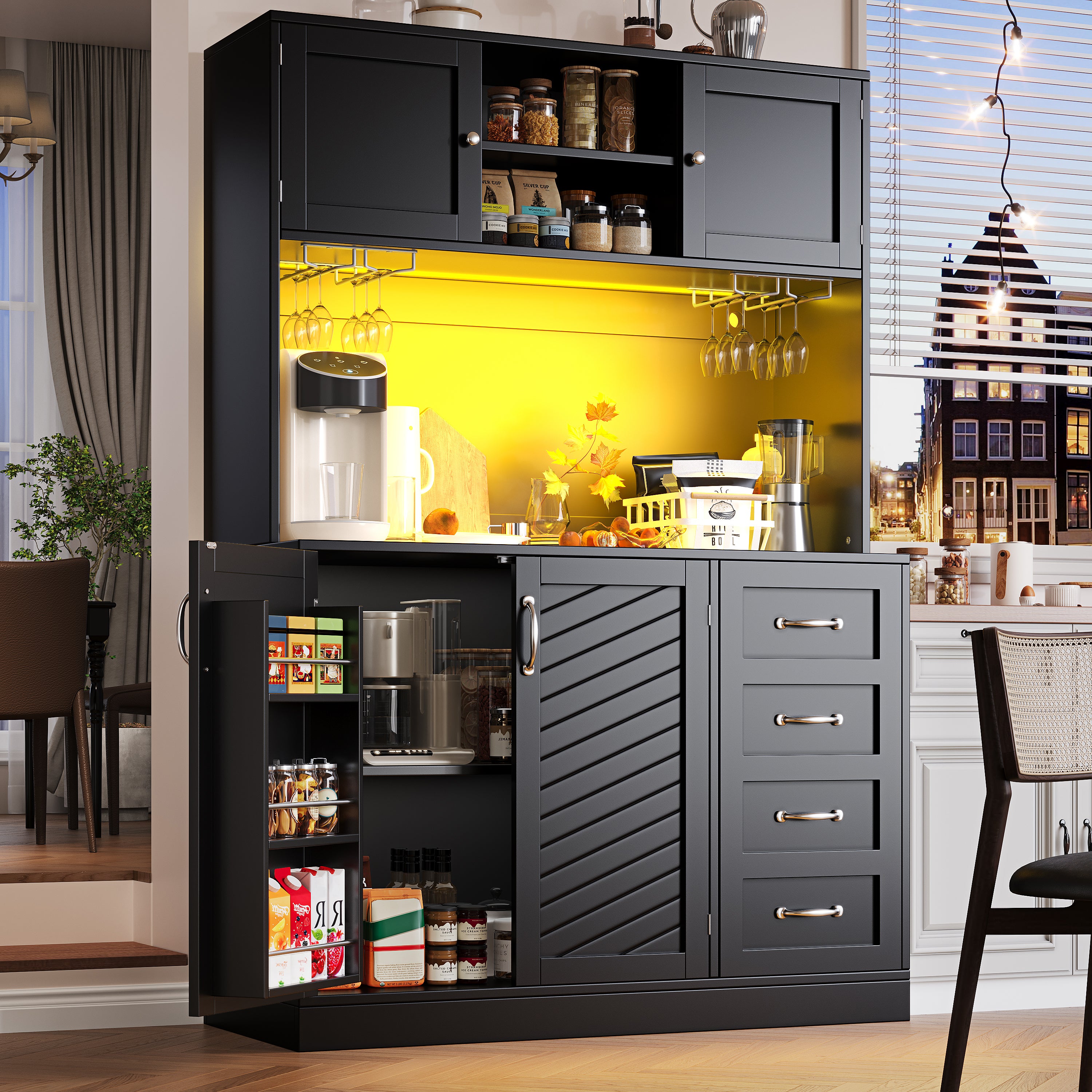 Sideboard Buffet Cabinet with LED Lighting and Snack Shelf, Green, Black and White