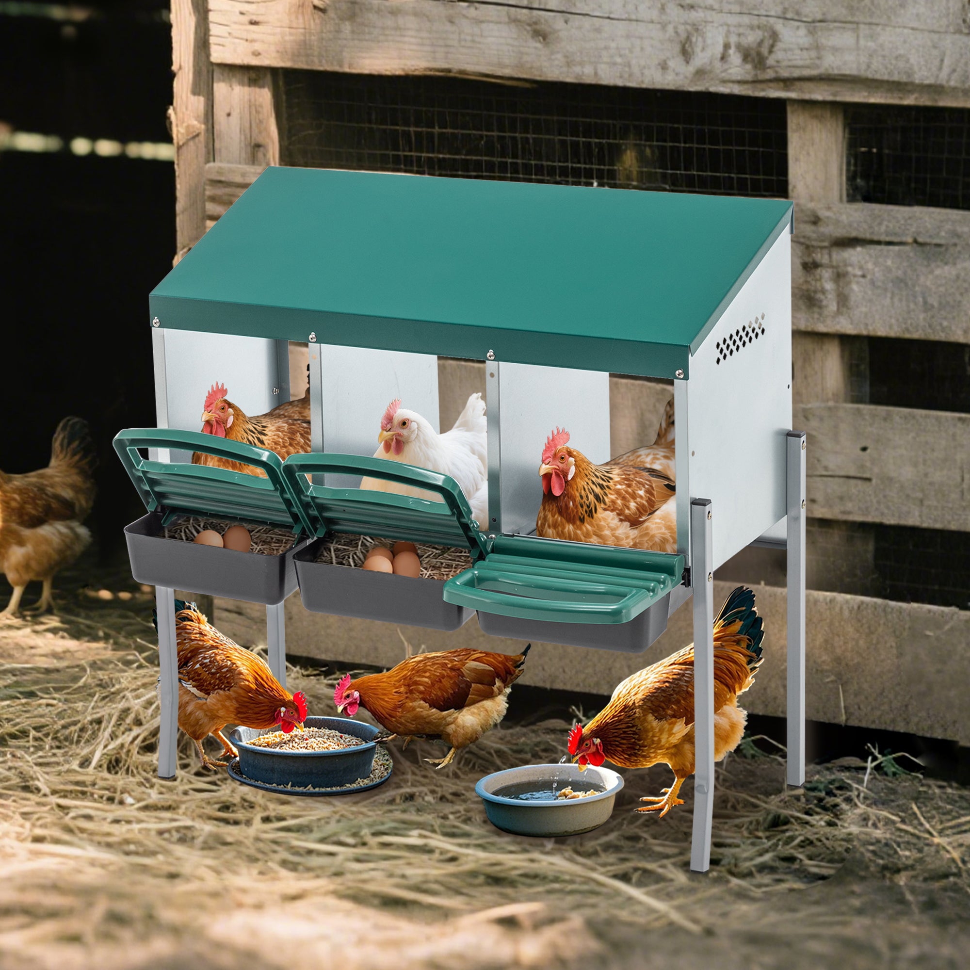 Chicken Nesting Boxes with 3 Holes, Legs and Outdoor Cover, Green