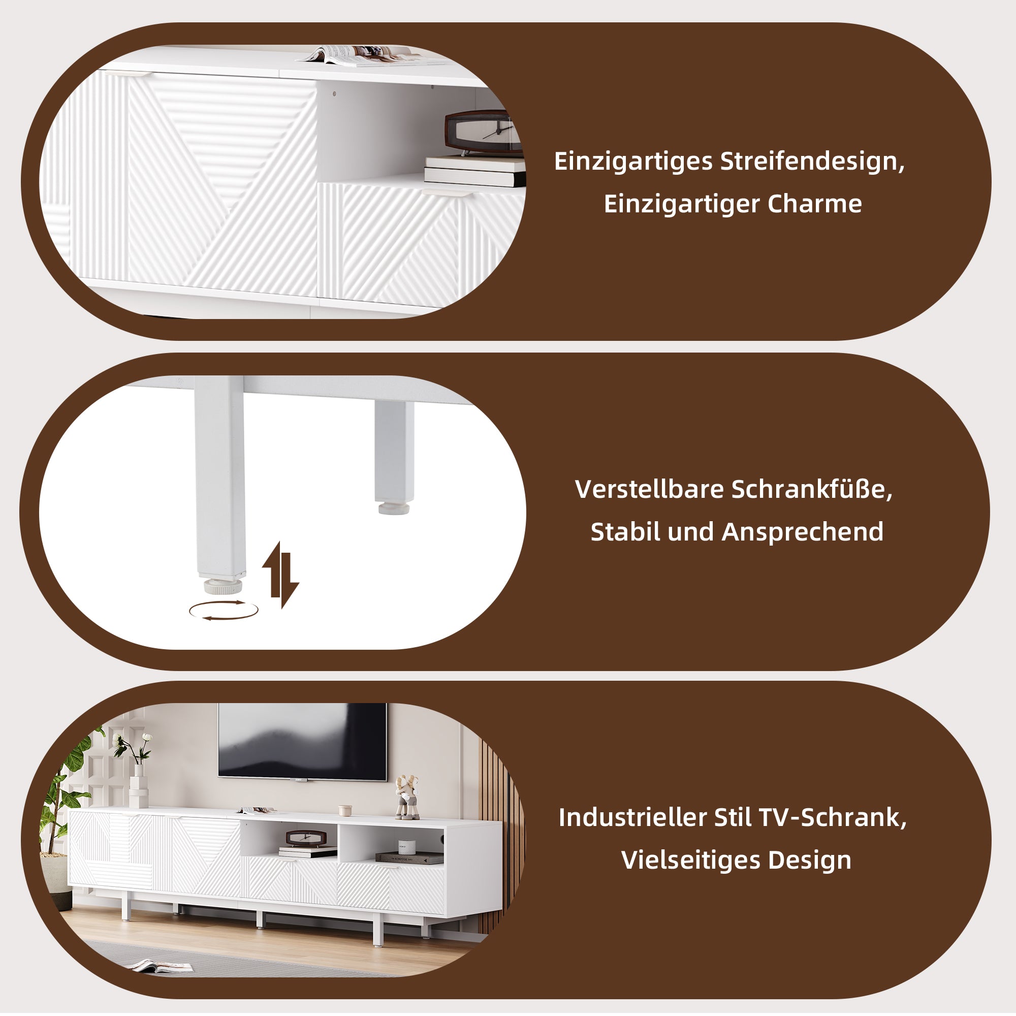 TV Cabinet, Modern Bohemian Abstract Geometric Lines, White, 200x40x51cm for 90-inch TVs