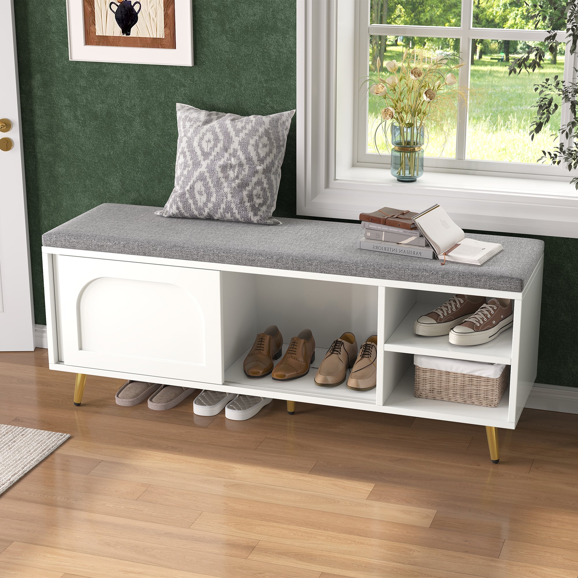 Shoe Bench with Shoe Rack, Seat Cushion, Storage Cabinet, White