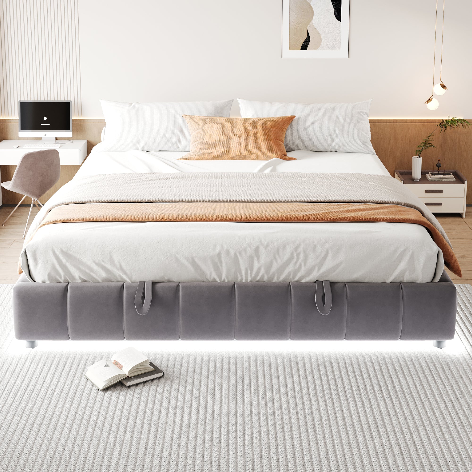 Upholstered Bed, 180x200cm LED Floating with Storage, Grey