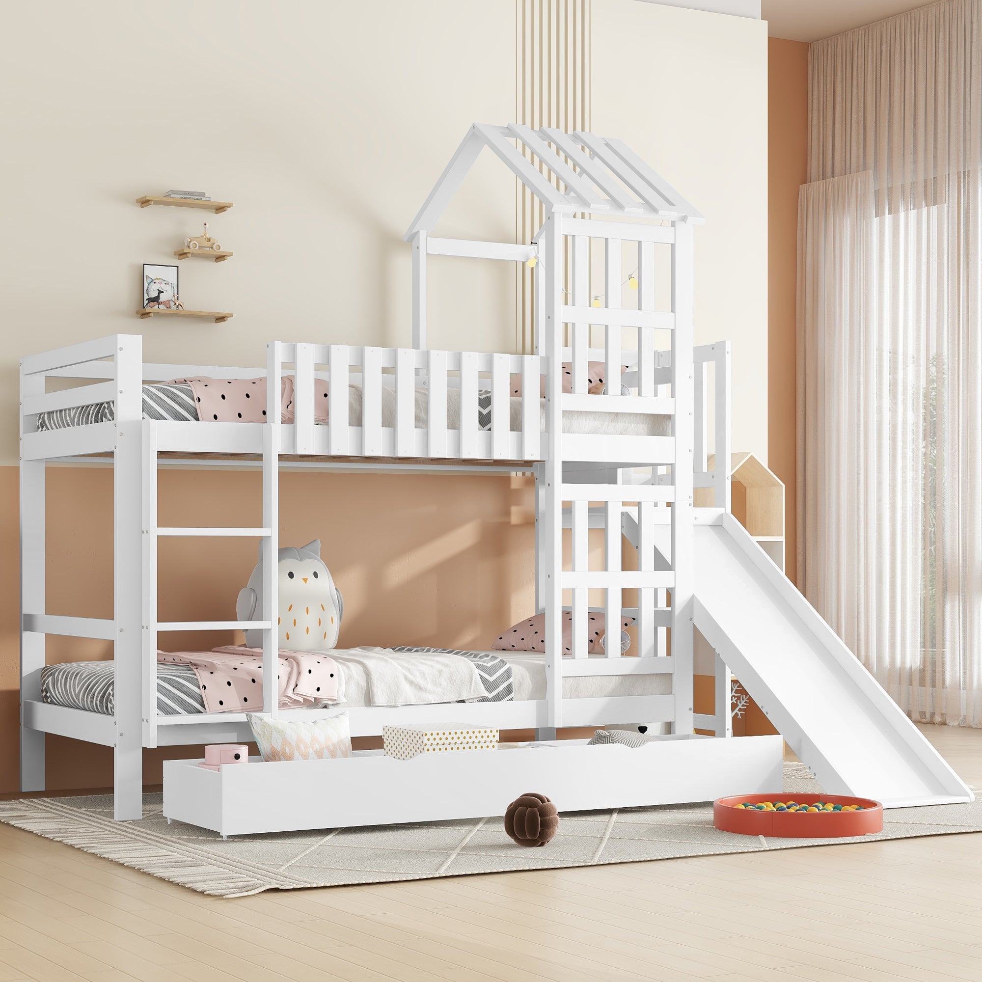 Bunk bed, children's bed with large drawer, fun slide, roof and window, white, Pine+MDF+Plywood
