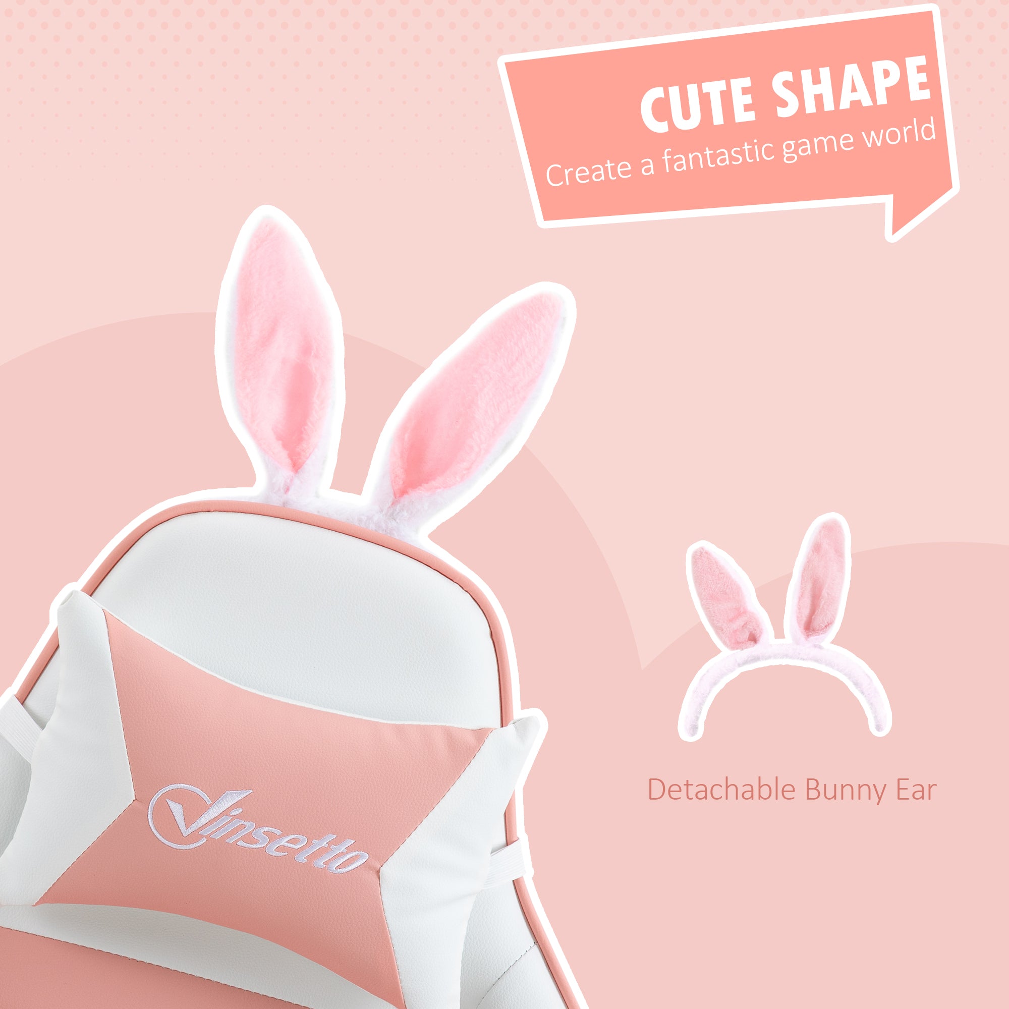 Racing Gaming Chair Reclining with Rabbit Ears Footrest Pink PU Leather