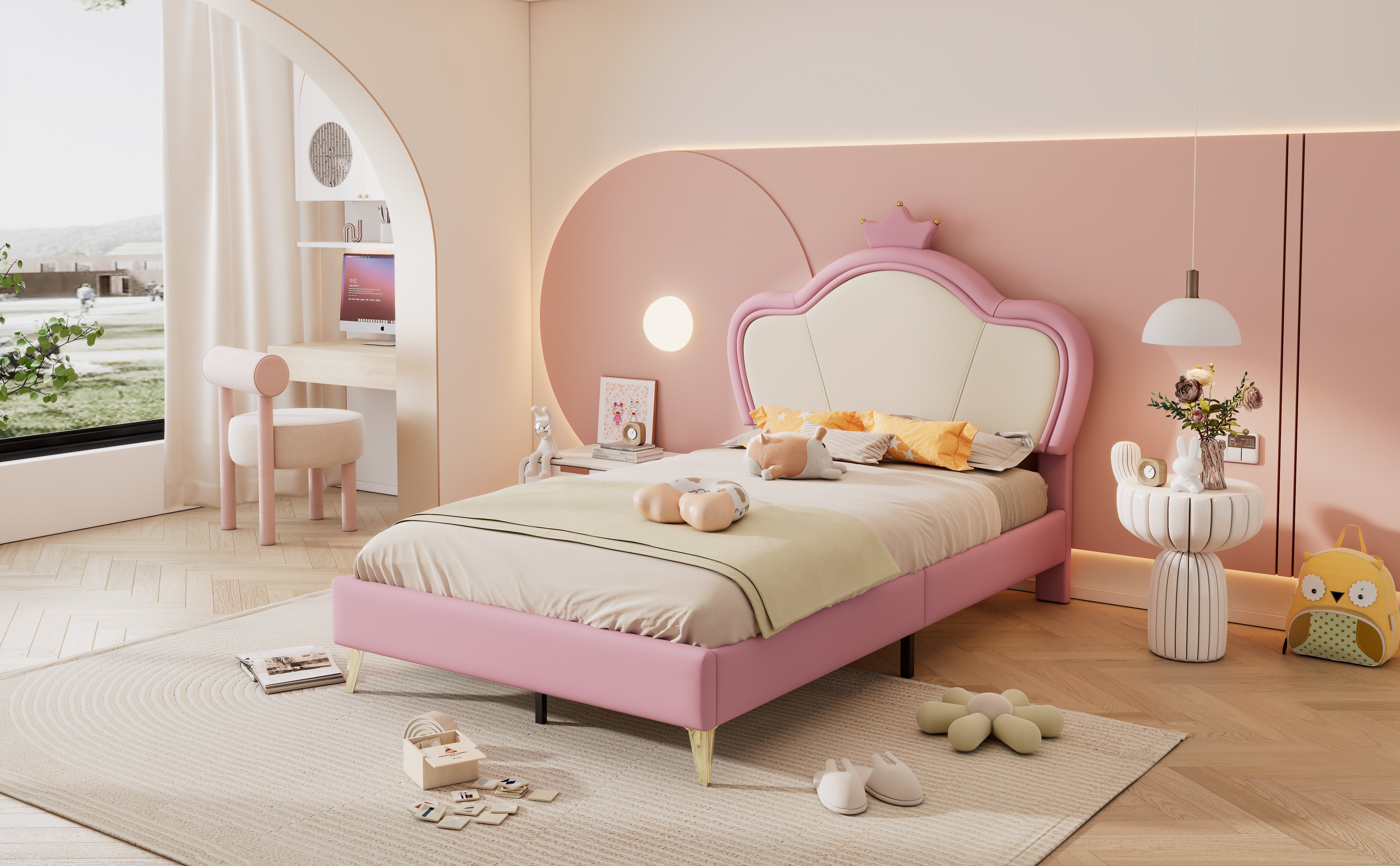 Kids Upholstered Single Bed – Crown Headboard, Pink & White PU