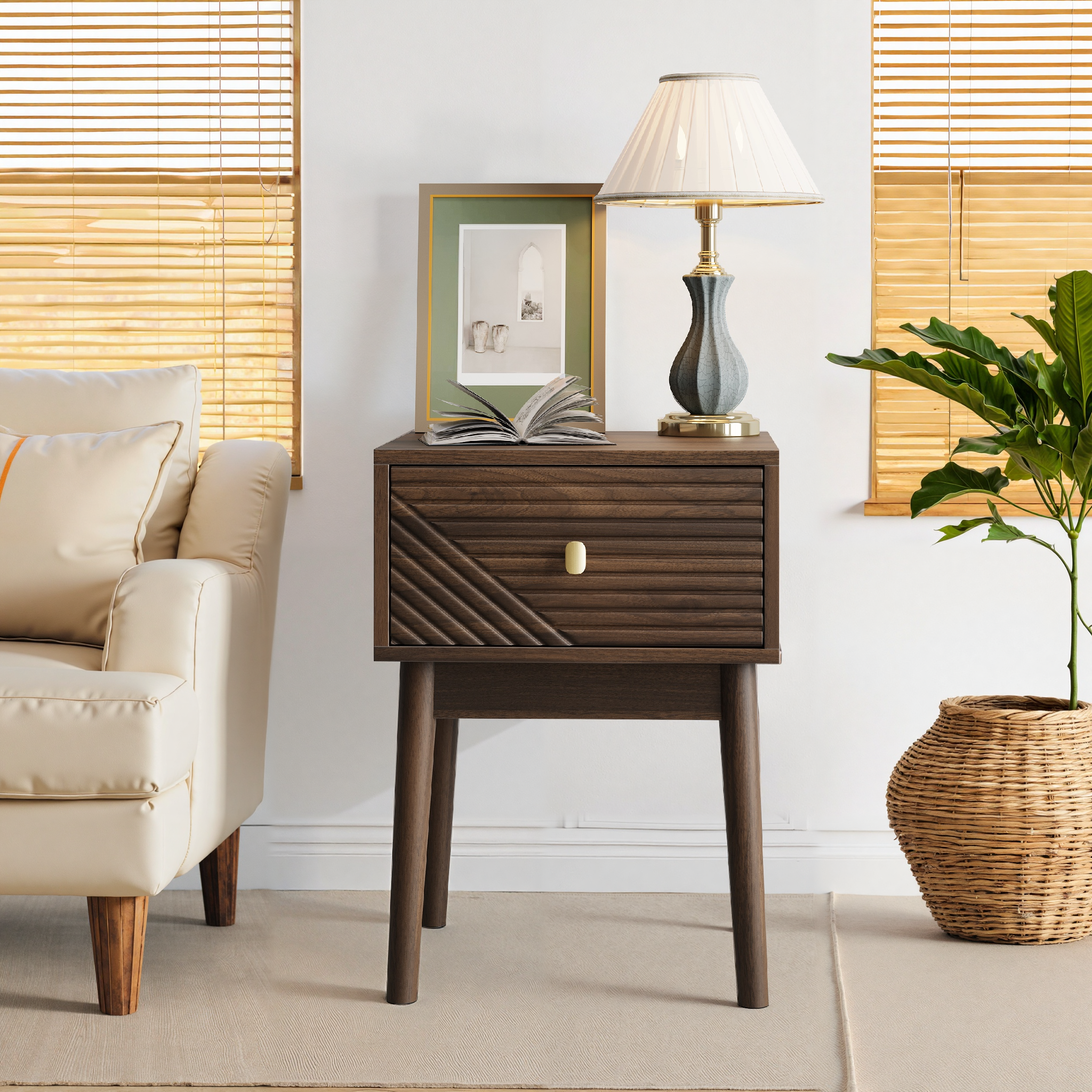 Mid-Century Modern Nightstand 2-Piece Set with Metal Handles - Walnut