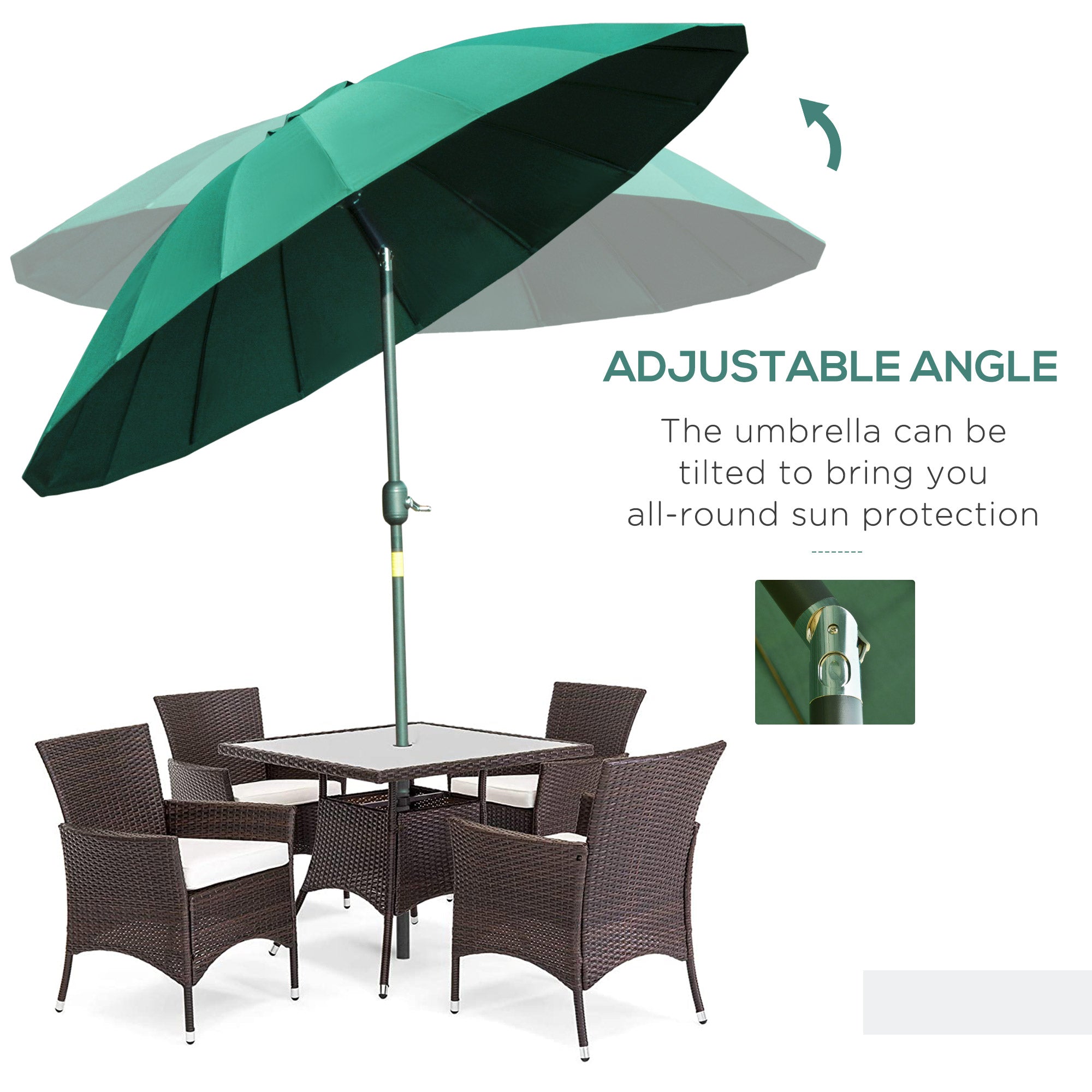 2.5m Shanghai Garden Parasol Umbrella, Adjustable Crank & Tilt Sun Shade, Green