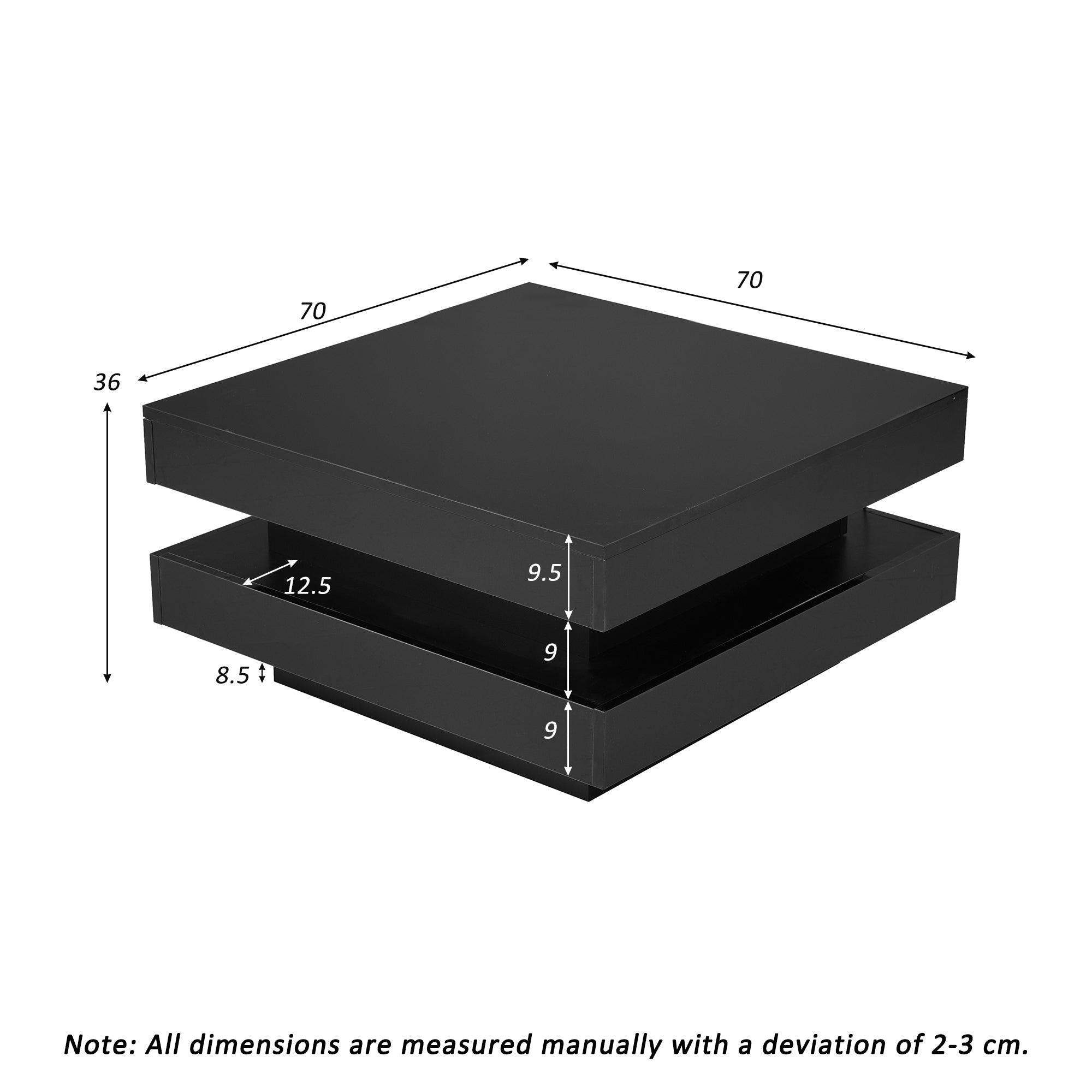 Black Square High Gloss Coffee Table with 360° Rotating Top, Tea Table with 16-Color LED light, 70x70x36 cm
