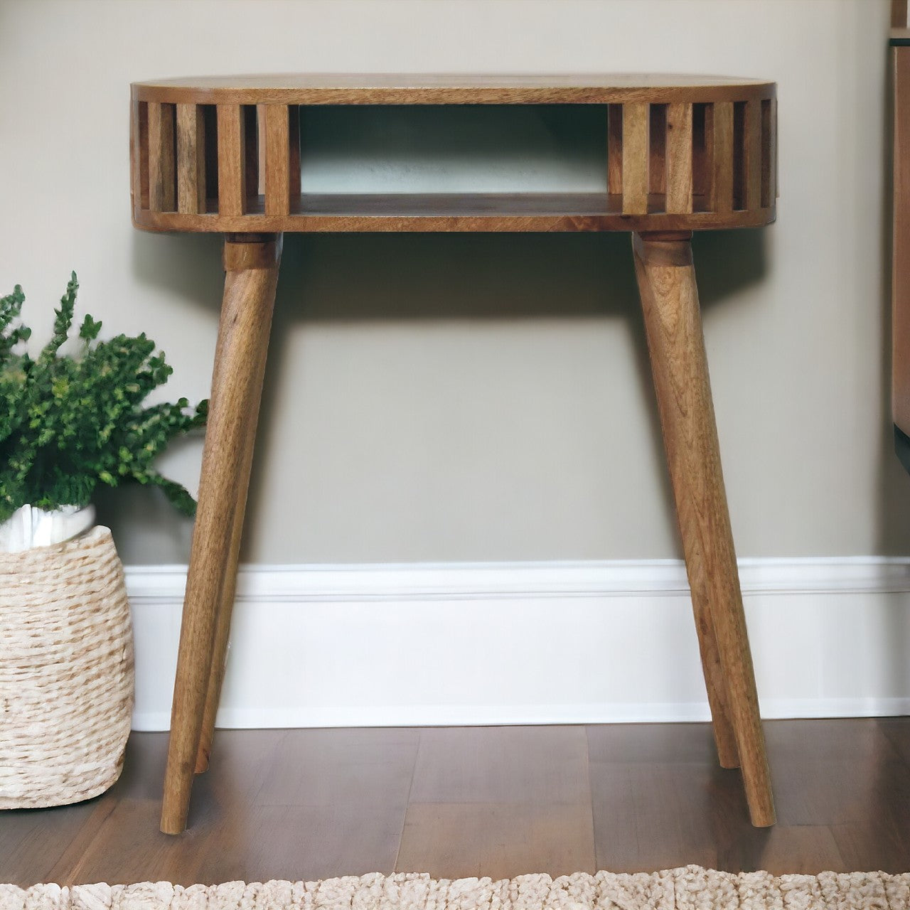 Ariella Console Table, Open Shelf Nordic Legs, Solid Wood Brown