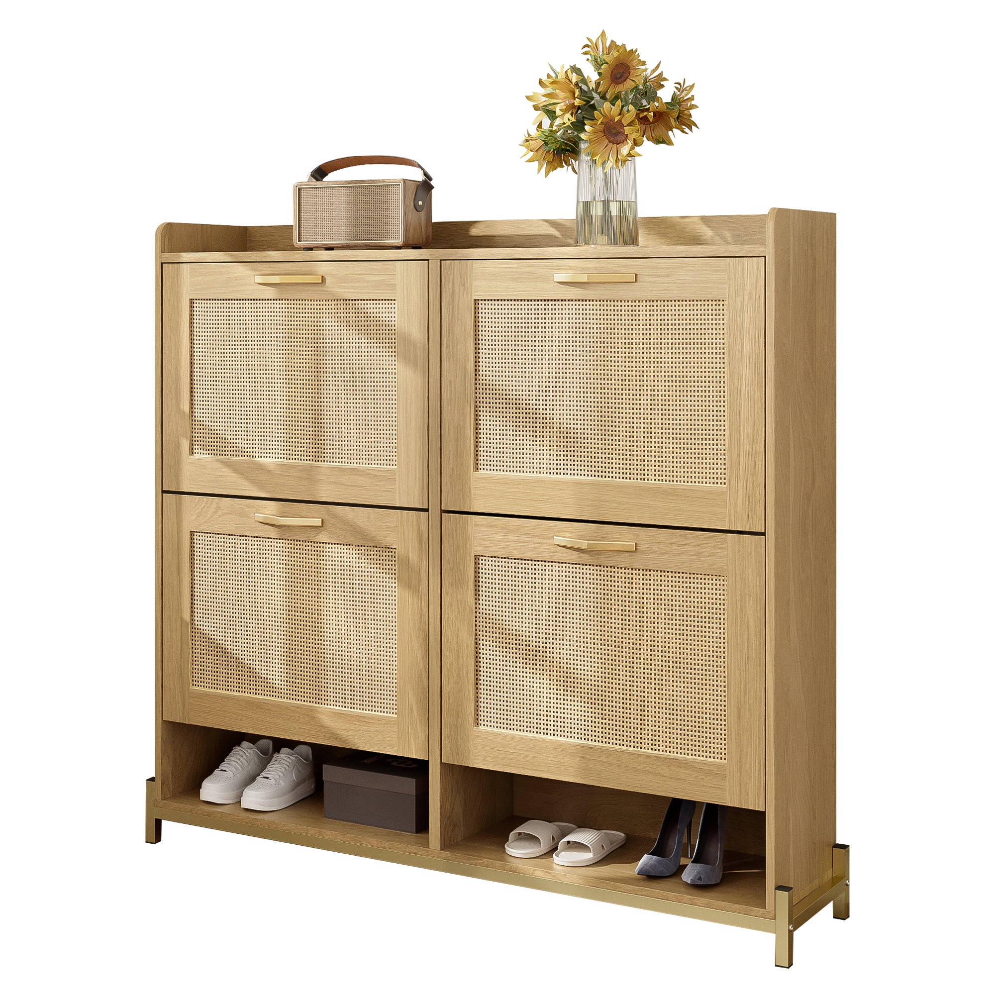 Shoe Cabinet Rattan Doors 4 Doors Metal Frame - Wood