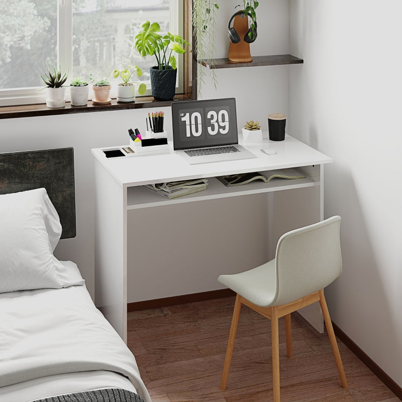 Computer Table, 90 x 50cm Modern Office Desk with Storage Shelf, High Gloss White