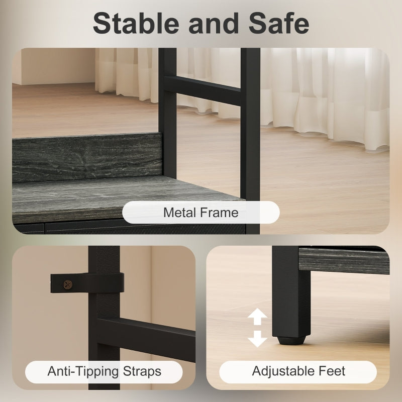 Industrial Style Bookcase, 4 Shelves 3 Fabric Drawers, Grey/Black