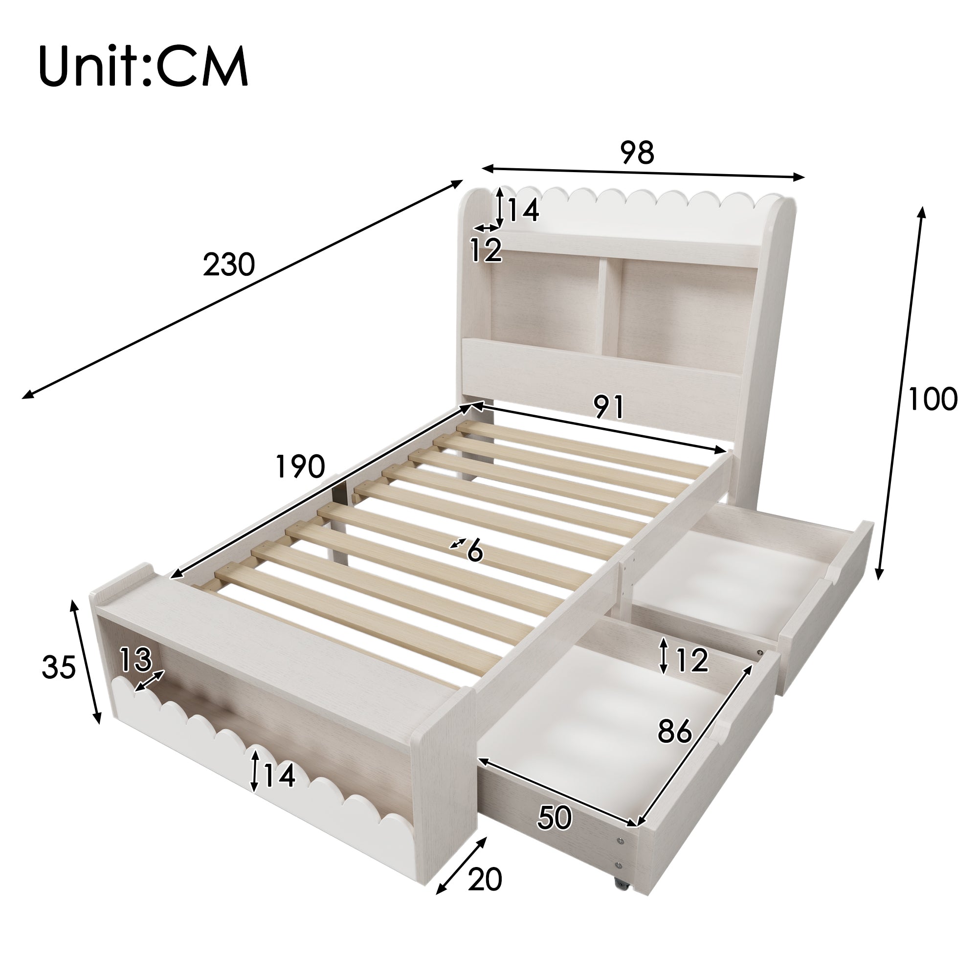 Children's Bed Storage with Drawers Shelf Bench 90x190cm Wood White Oak Finish