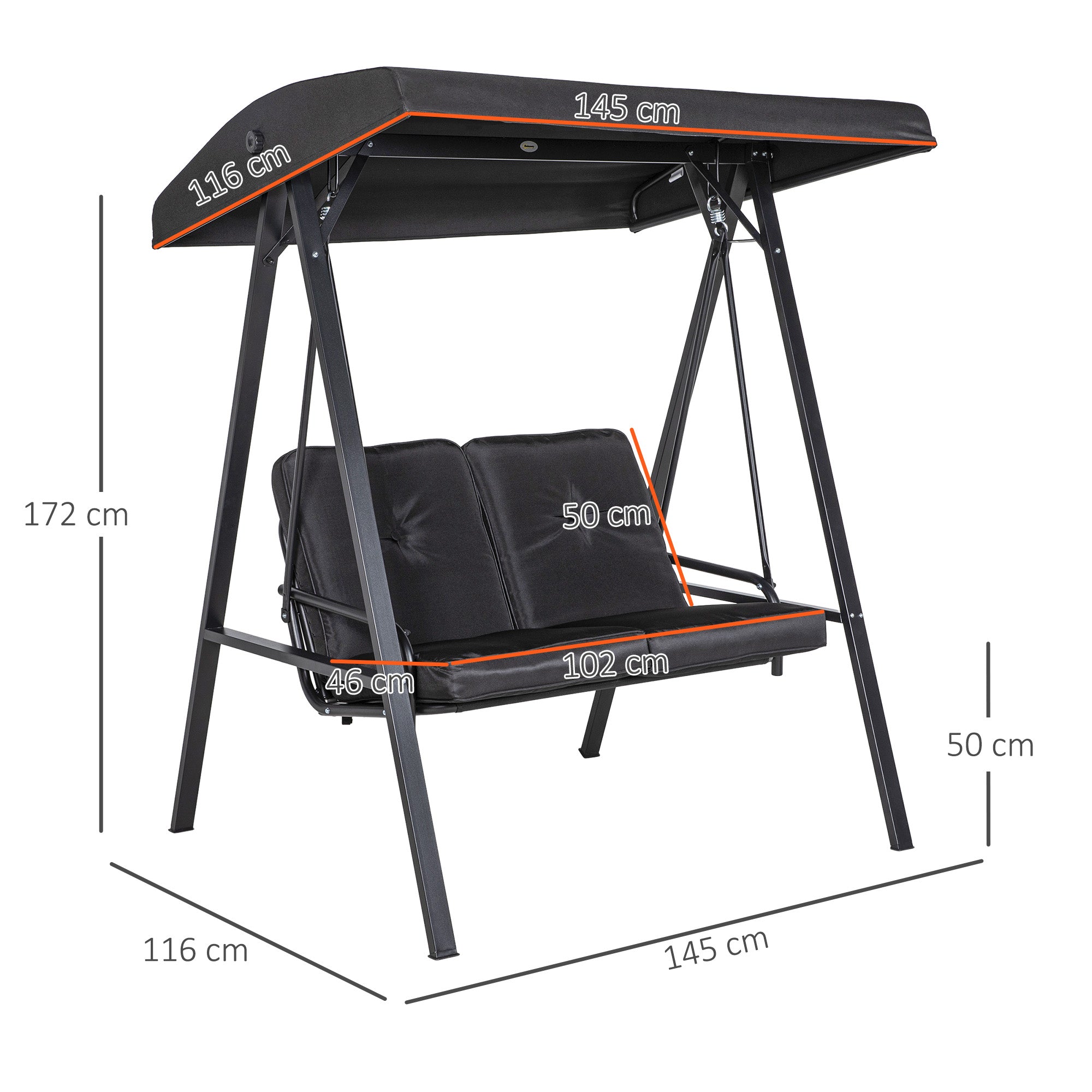 Hollywood Swing 2-Seater Garden Swing Adjustable Canopy 220kg Load Capacity, Black