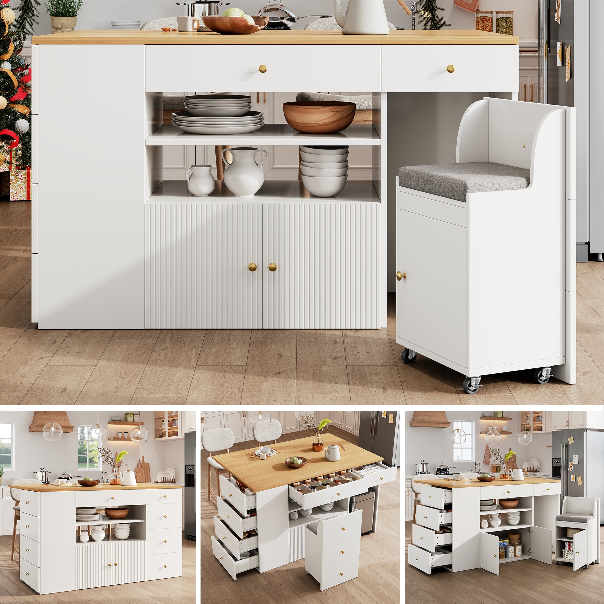 Kitchen Island Sideboard with 6 Drawers and Bar Stools, White and Black