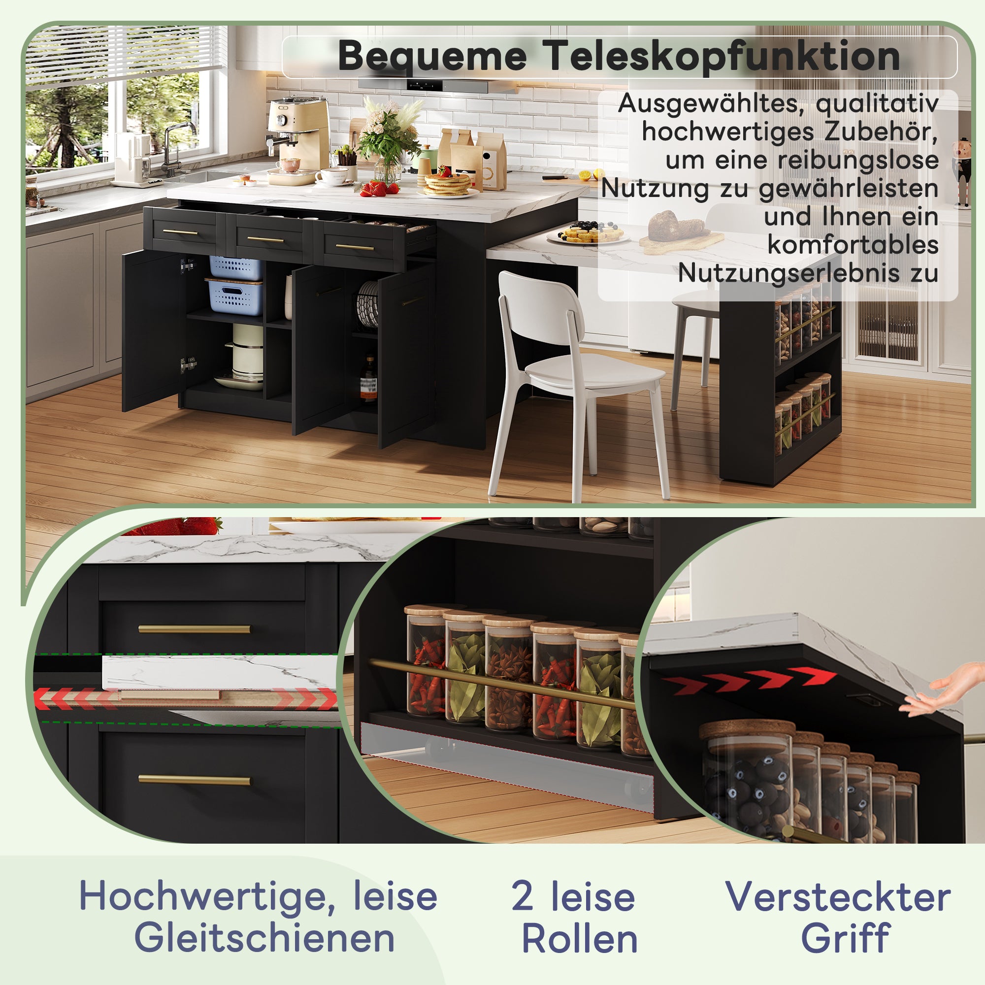 Multifunctional Kitchen Island Extendable Dining Table Storage 150cm+96cm White Marbled Wooden/Black